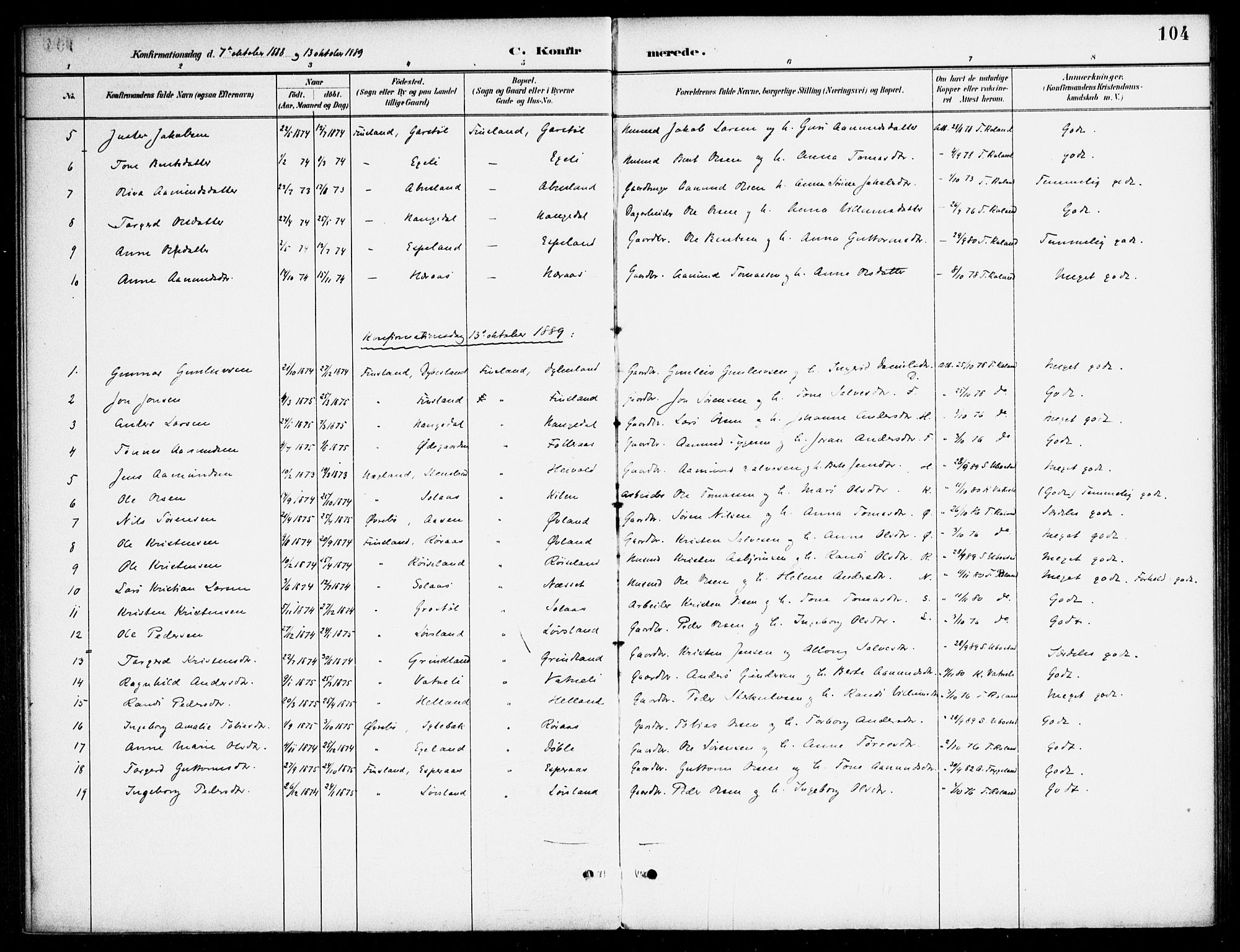 Bjelland sokneprestkontor, SAK/1111-0005/F/Fa/Fab/L0004: Ministerialbok nr. A 4, 1887-1920, s. 104