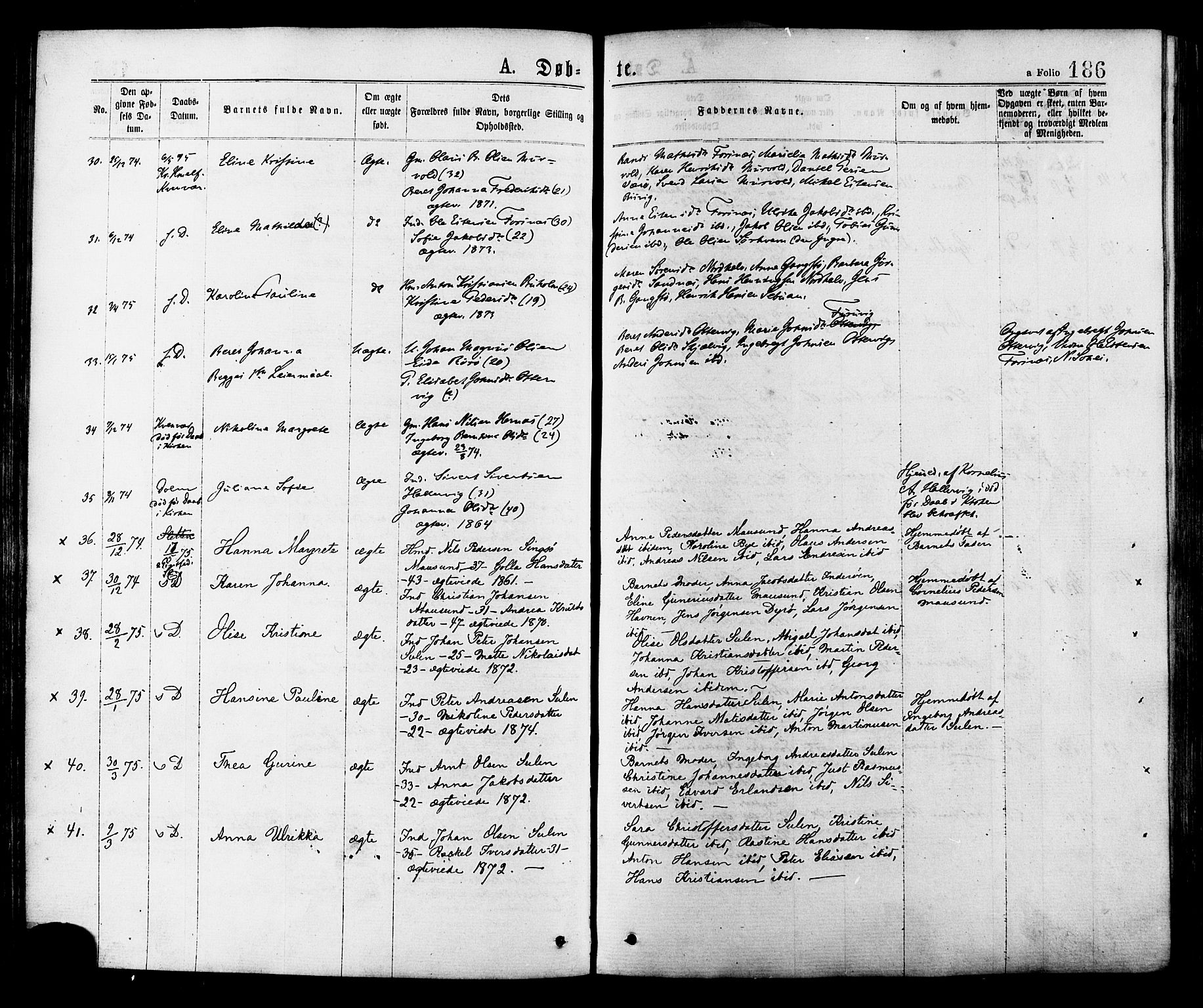 Ministerialprotokoller, klokkerbøker og fødselsregistre - Sør-Trøndelag, AV/SAT-A-1456/634/L0532: Ministerialbok nr. 634A08, 1871-1881, s. 186