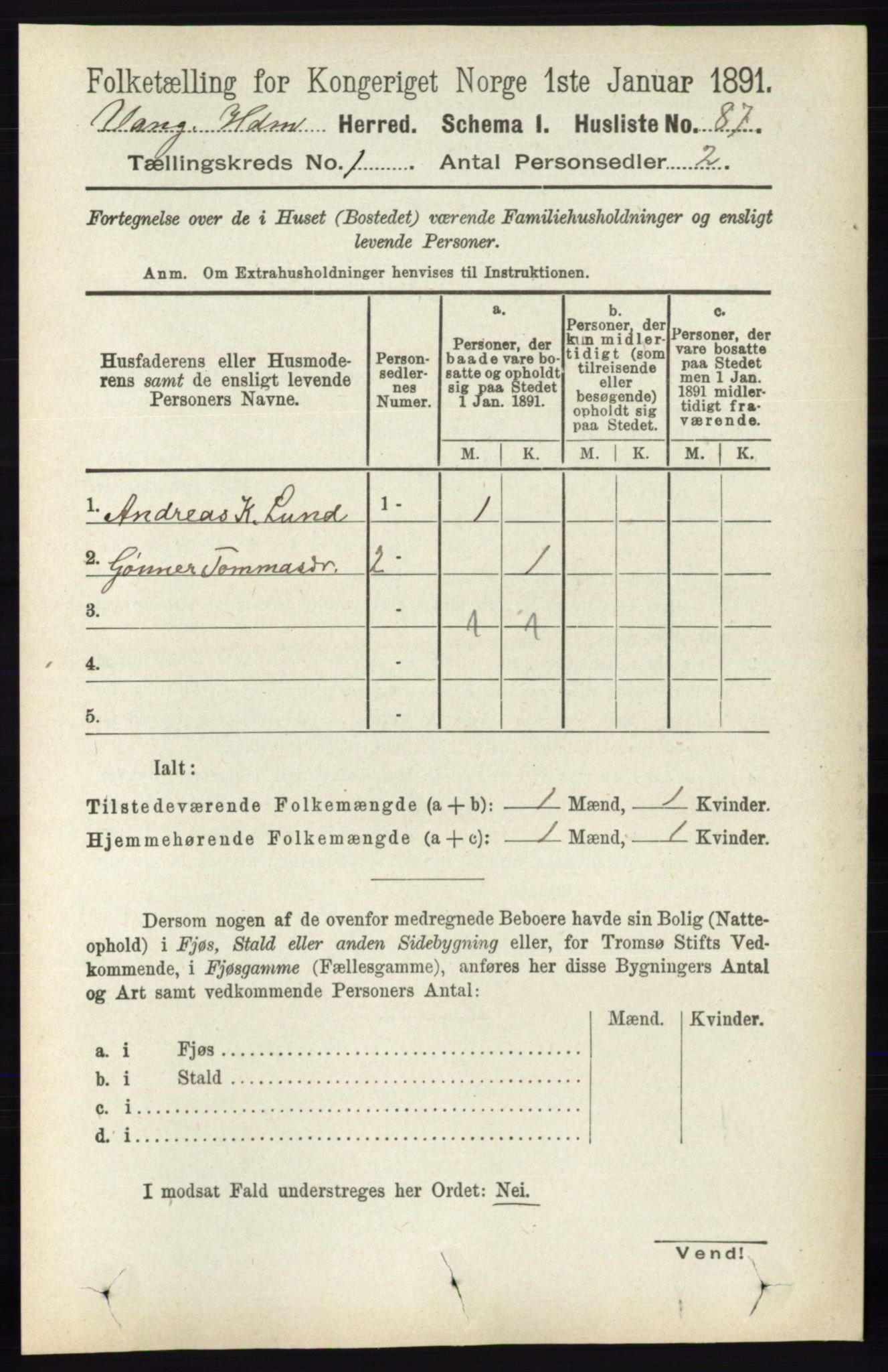 RA, Folketelling 1891 for 0414 Vang herred, 1891, s. 136