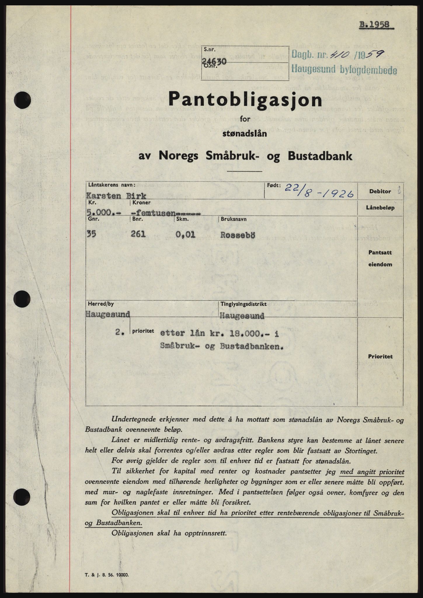 Haugesund tingrett, SAST/A-101415/01/II/IIC/L0045: Pantebok nr. B 45, 1959-1959, Dagboknr: 410/1959