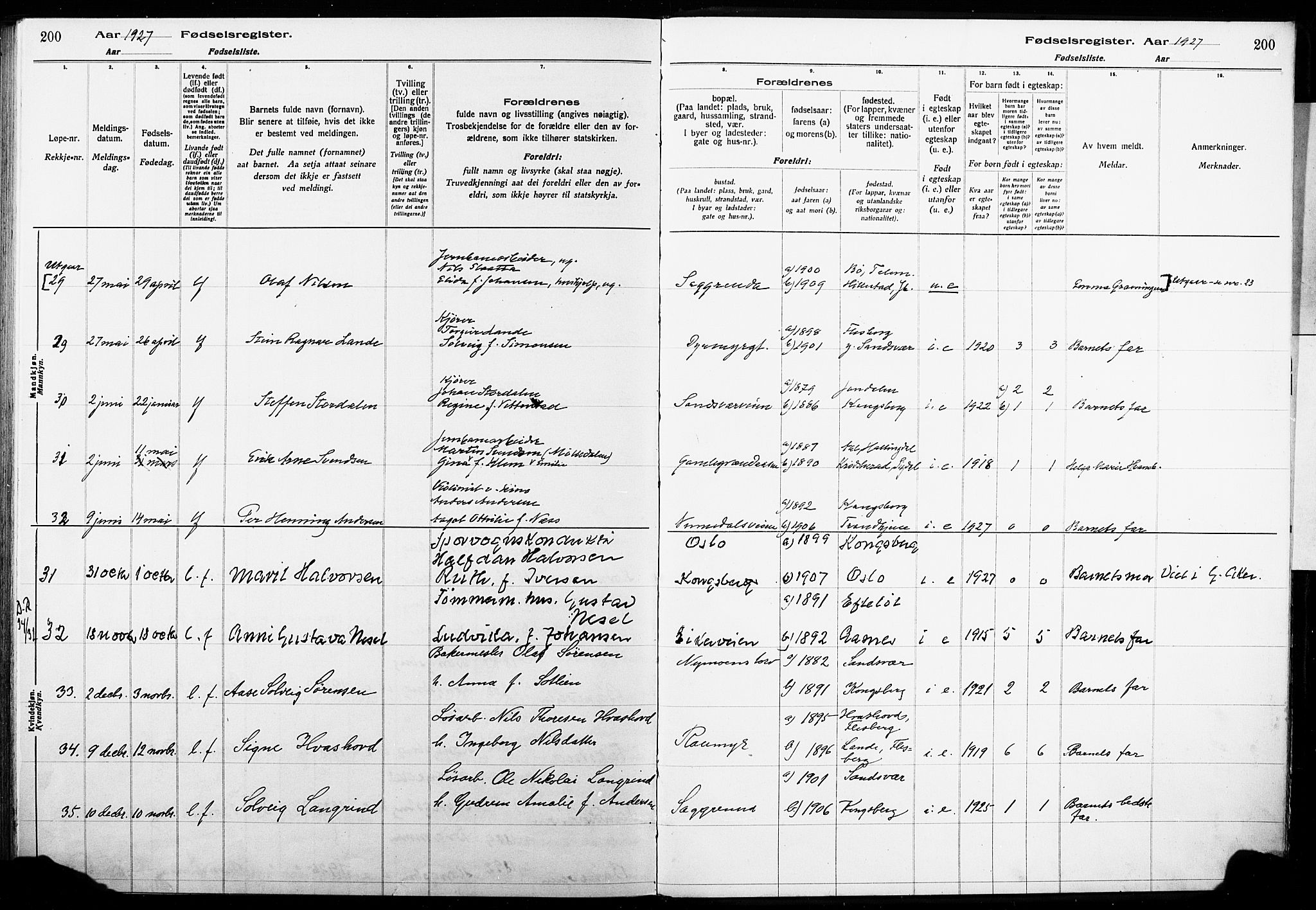 Kongsberg kirkebøker, AV/SAKO-A-22/J/Ja/L0001: Fødselsregister nr. I 1, 1916-1927, s. 200