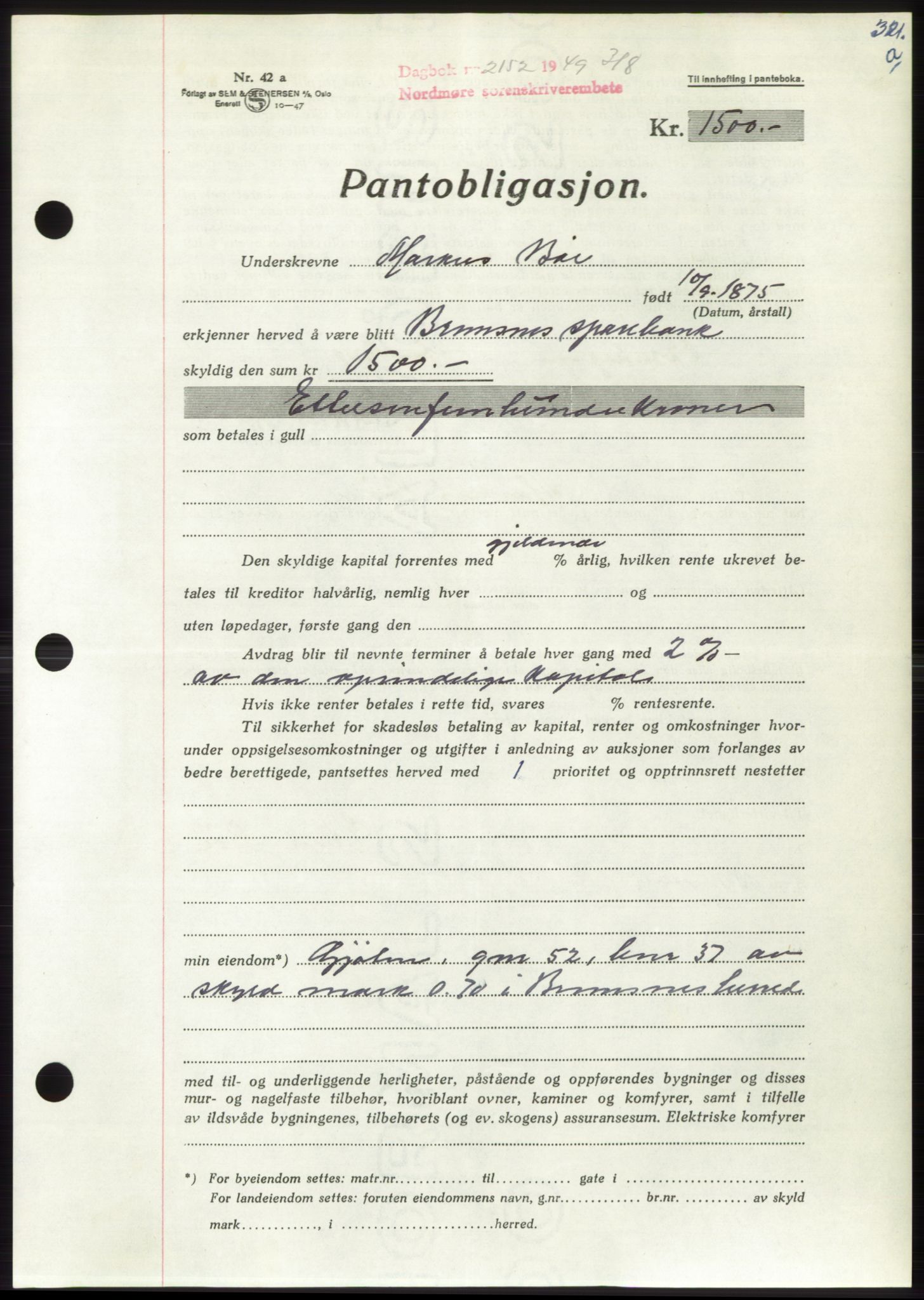 Nordmøre sorenskriveri, AV/SAT-A-4132/1/2/2Ca: Pantebok nr. B102, 1949-1949, Dagboknr: 2152/1949