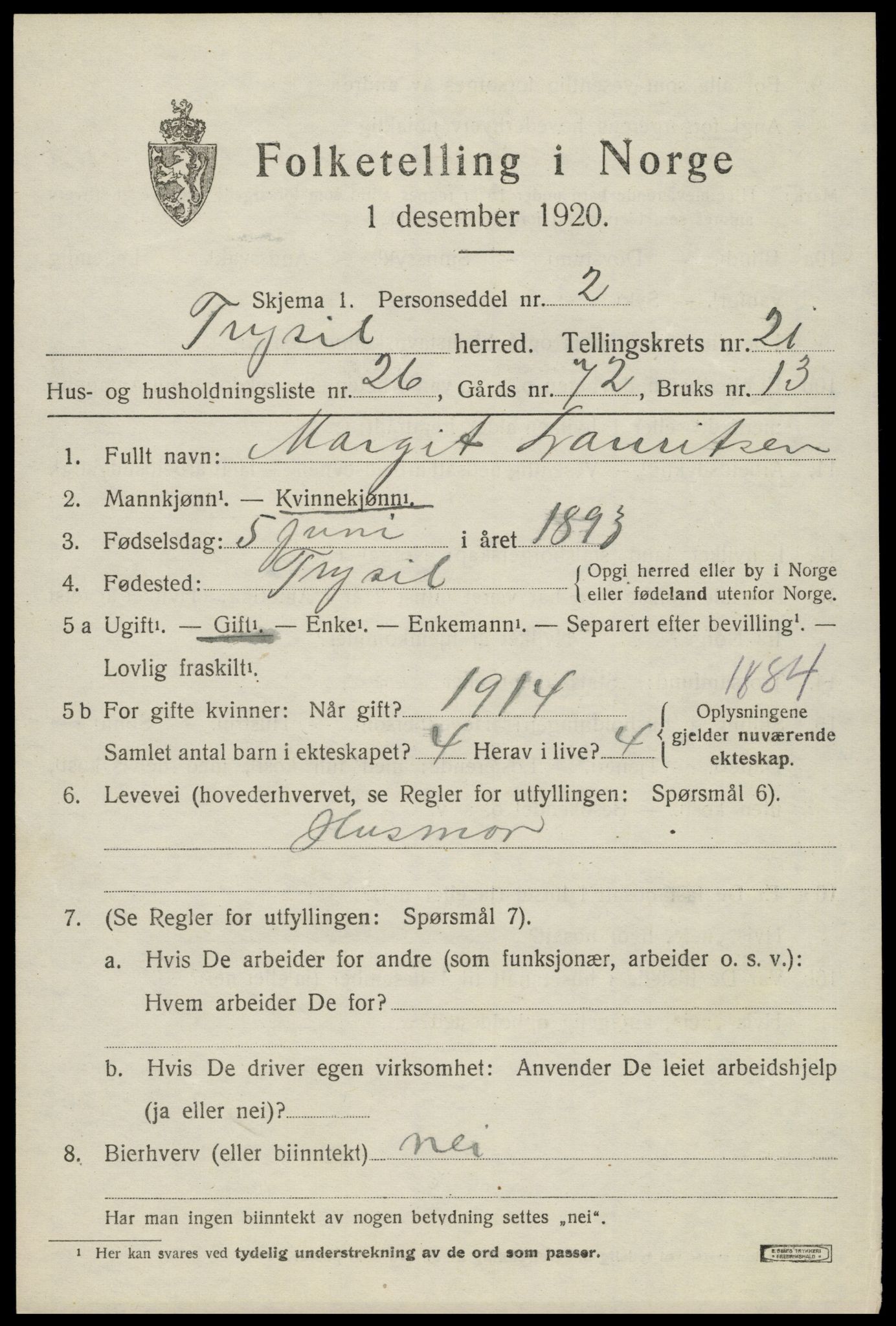 SAH, Folketelling 1920 for 0428 Trysil herred, 1920, s. 14079