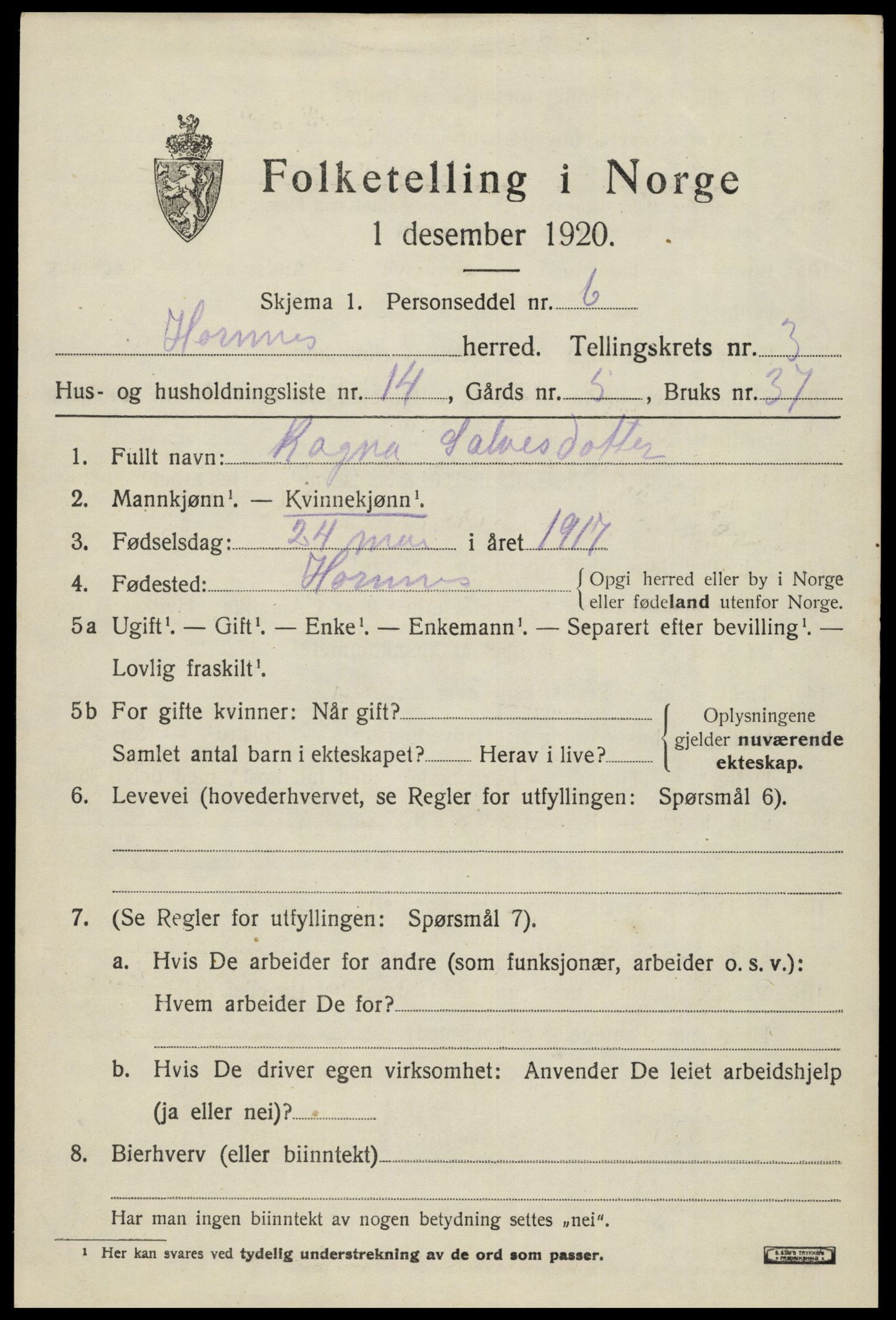 SAK, Folketelling 1920 for 0936 Hornnes herred, 1920, s. 973