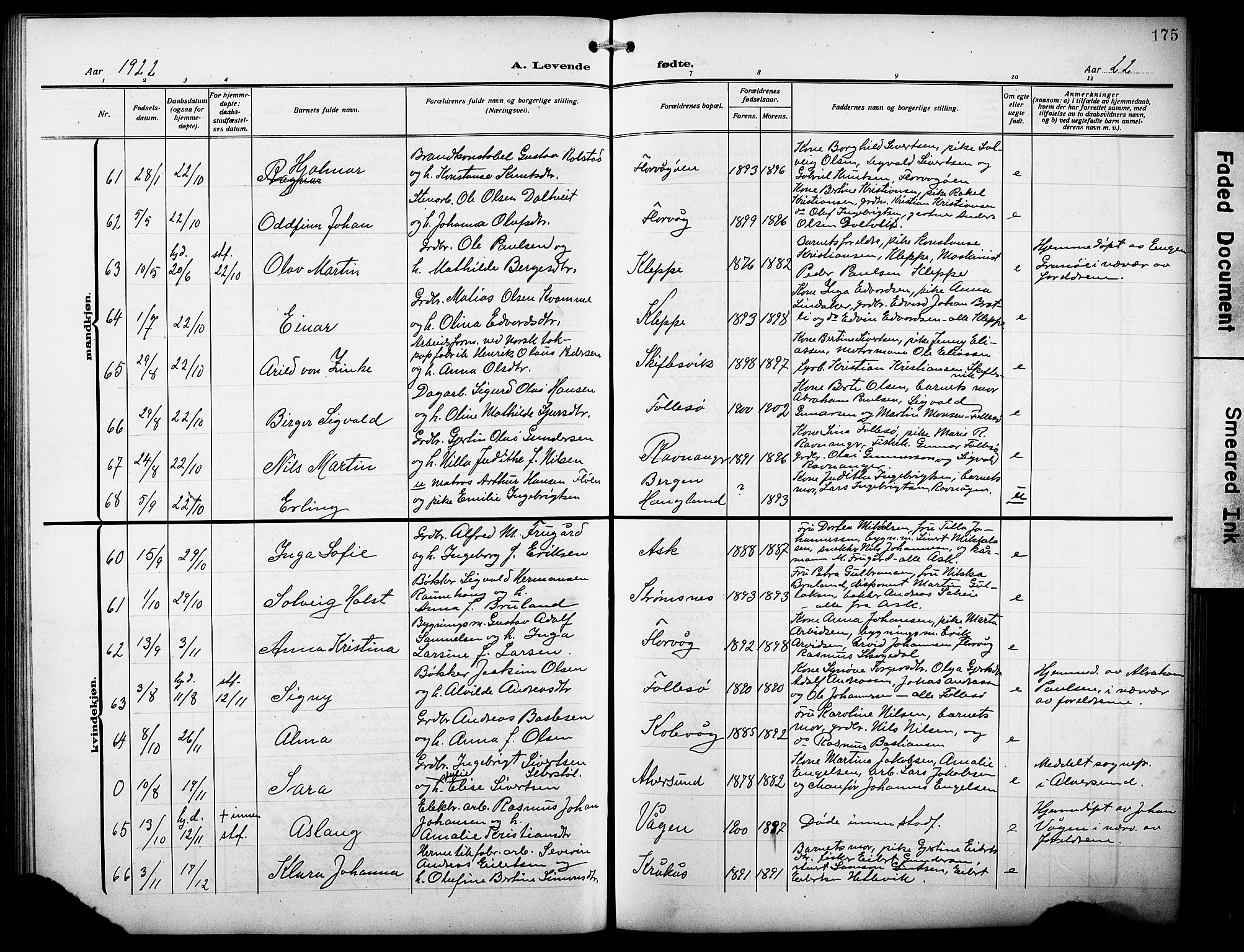 Askøy Sokneprestembete, AV/SAB-A-74101/H/Ha/Hab/Haba/L0011: Klokkerbok nr. A 11, 1908-1931, s. 175