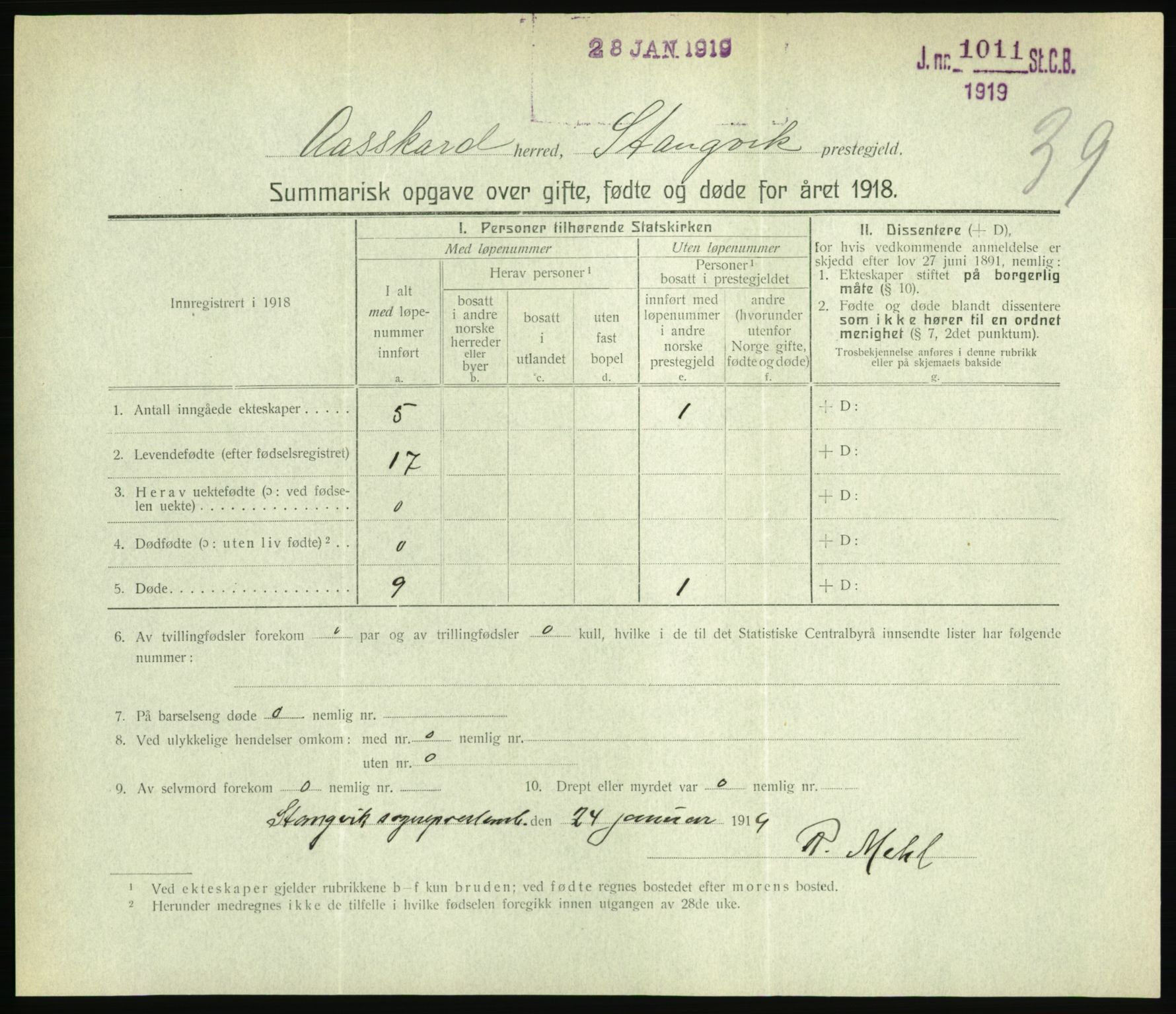 Statistisk sentralbyrå, Sosiodemografiske emner, Befolkning, AV/RA-S-2228/D/Df/Dfb/Dfbh/L0059: Summariske oppgaver over gifte, fødte og døde for hele landet., 1918, s. 1219