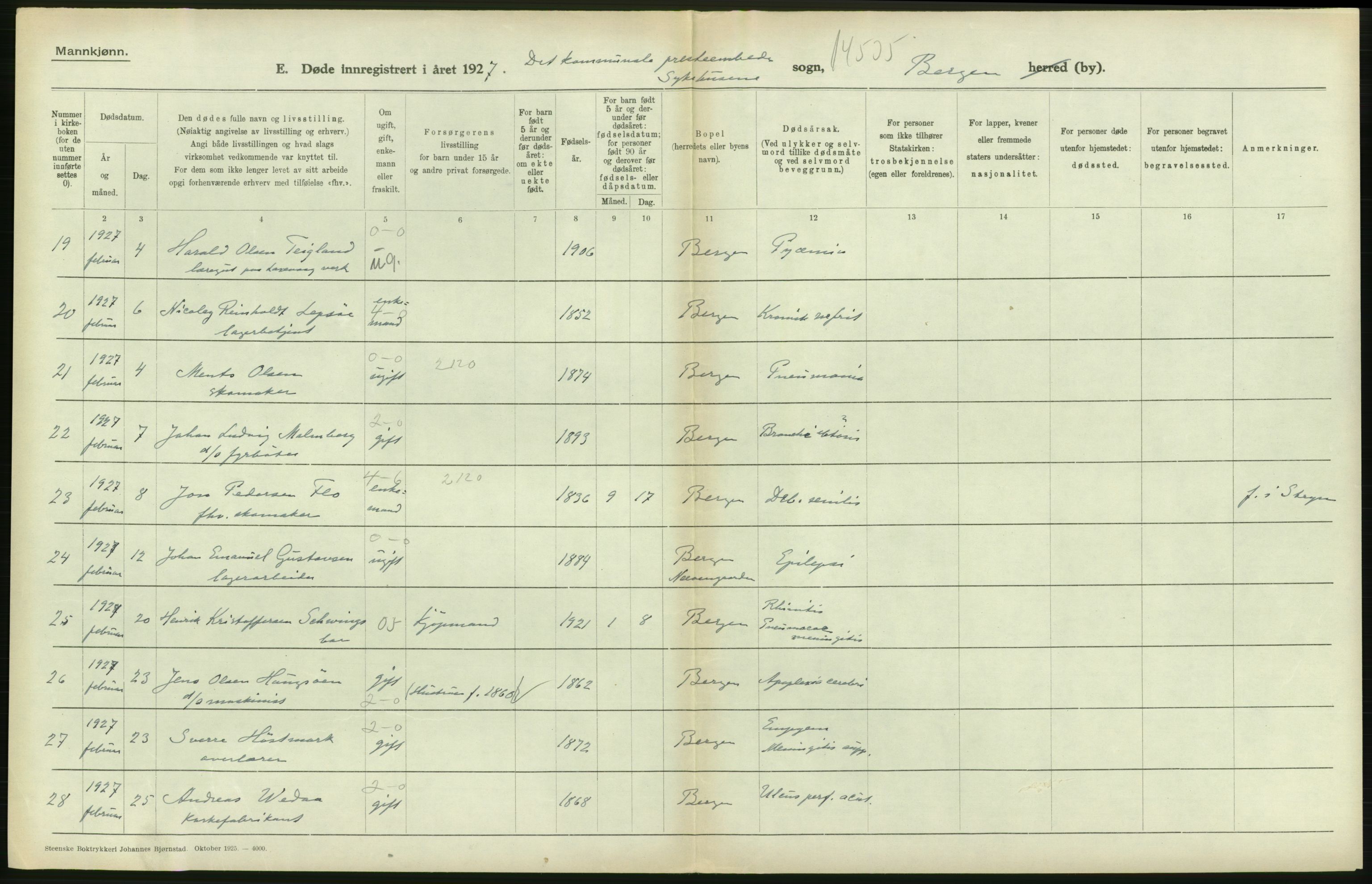 Statistisk sentralbyrå, Sosiodemografiske emner, Befolkning, AV/RA-S-2228/D/Df/Dfc/Dfcg/L0028: Bergen: Gifte, døde., 1927, s. 566