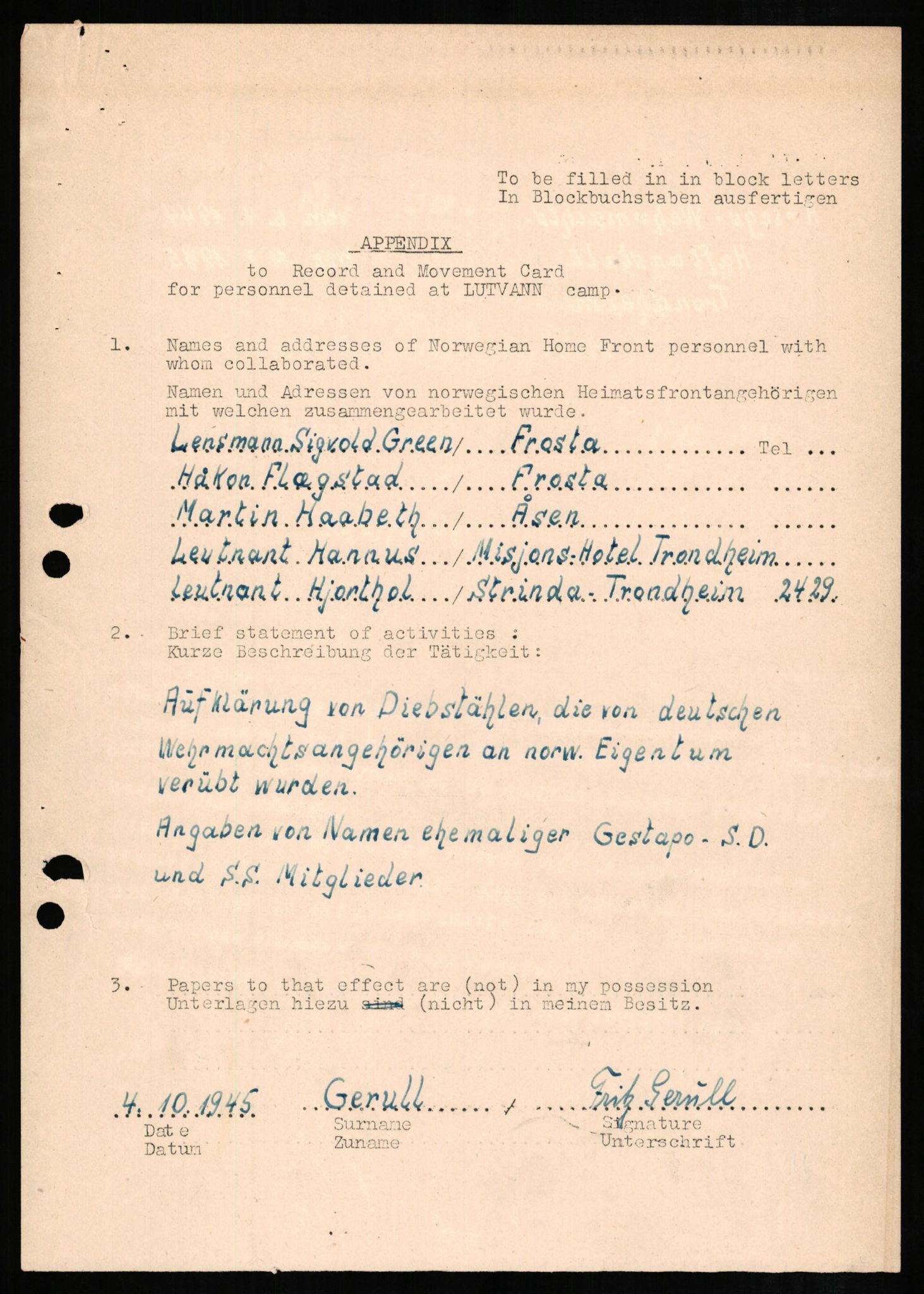 Forsvaret, Forsvarets overkommando II, AV/RA-RAFA-3915/D/Db/L0009: CI Questionaires. Tyske okkupasjonsstyrker i Norge. Tyskere., 1945-1946, s. 476