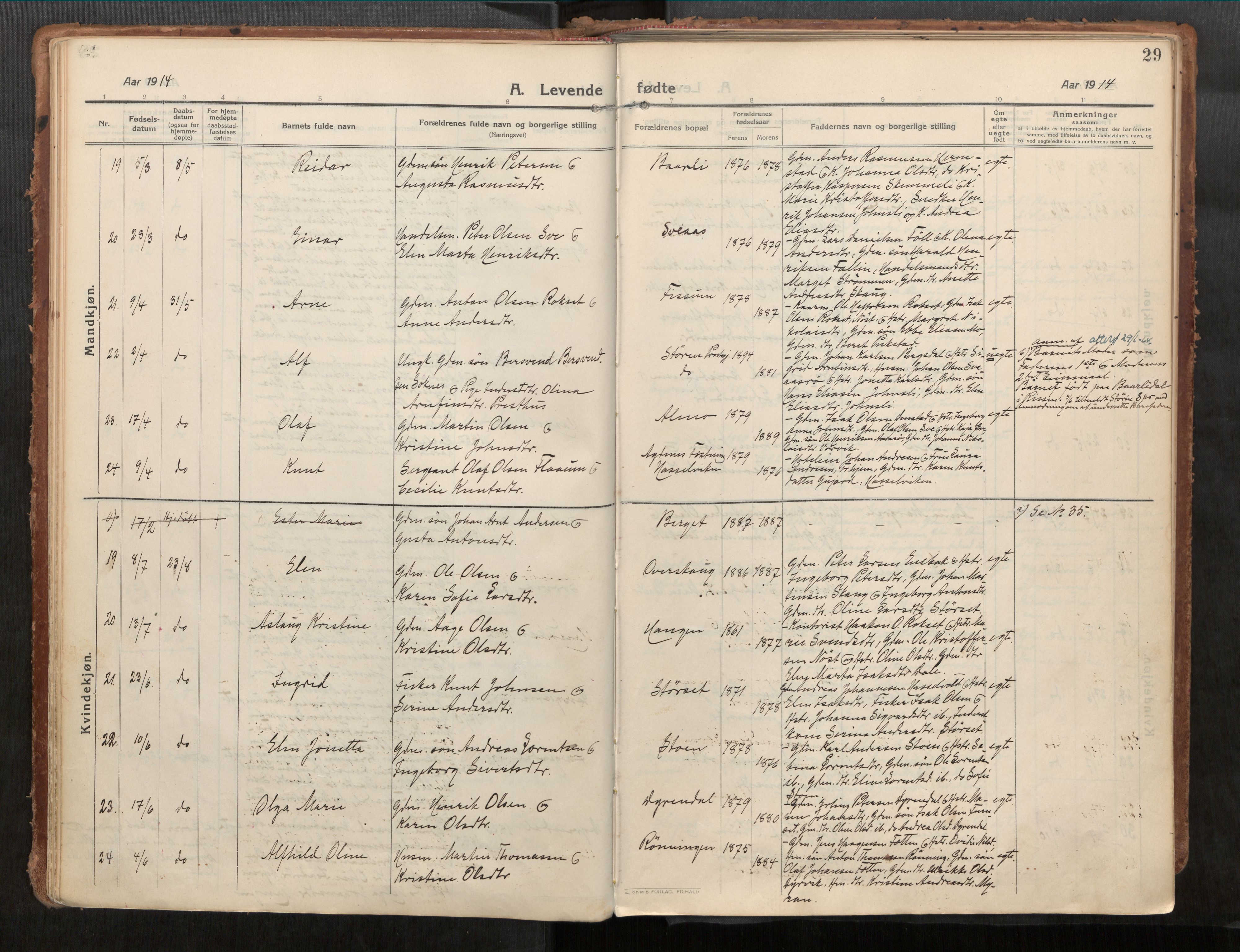 Stadsbygd sokneprestkontor, SAT/A-1117/1/I/I1/I1a/L0001: Ministerialbok nr. 1, 1911-1929, s. 29