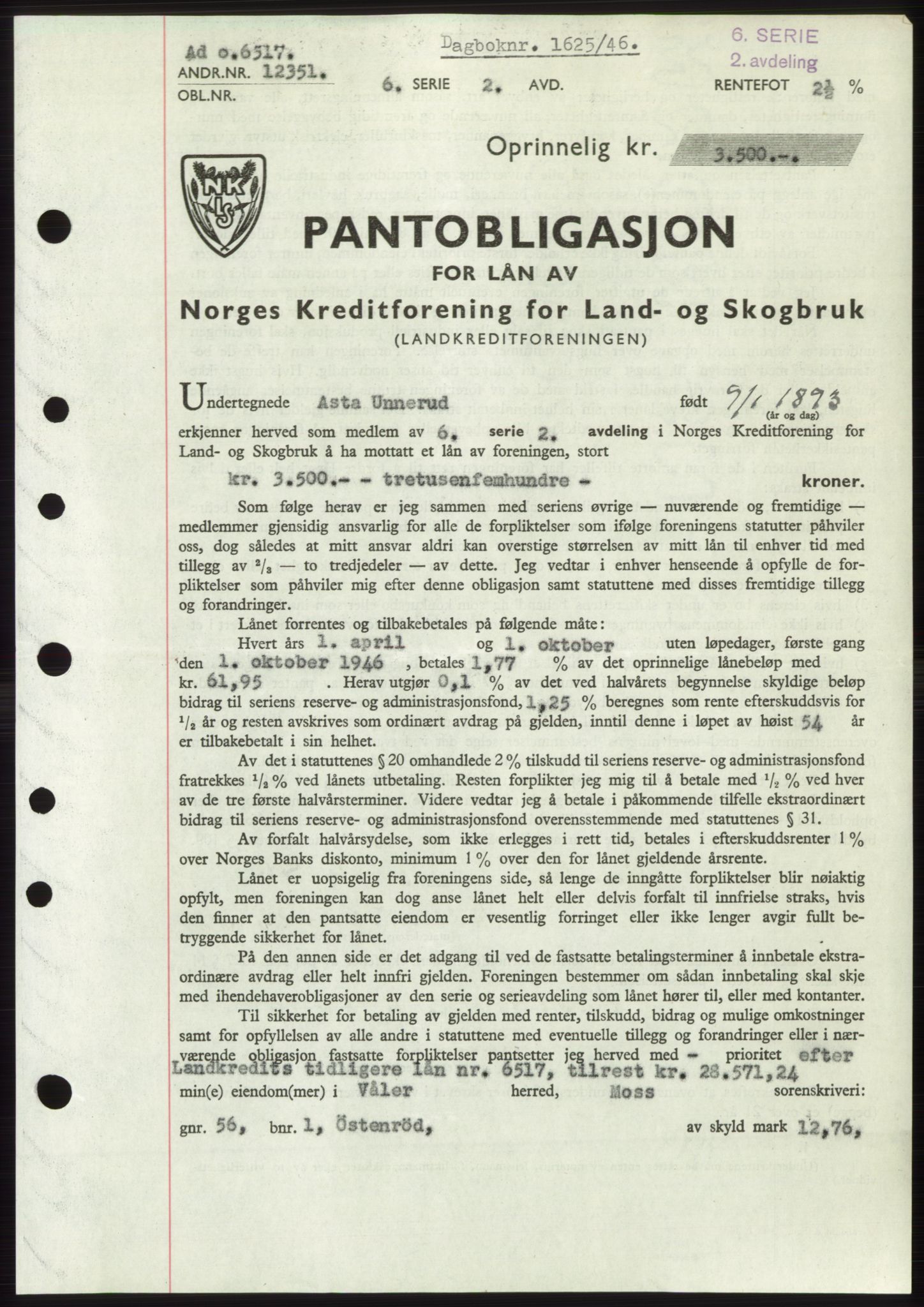 Moss sorenskriveri, SAO/A-10168: Pantebok nr. B15, 1946-1946, Dagboknr: 1625/1946