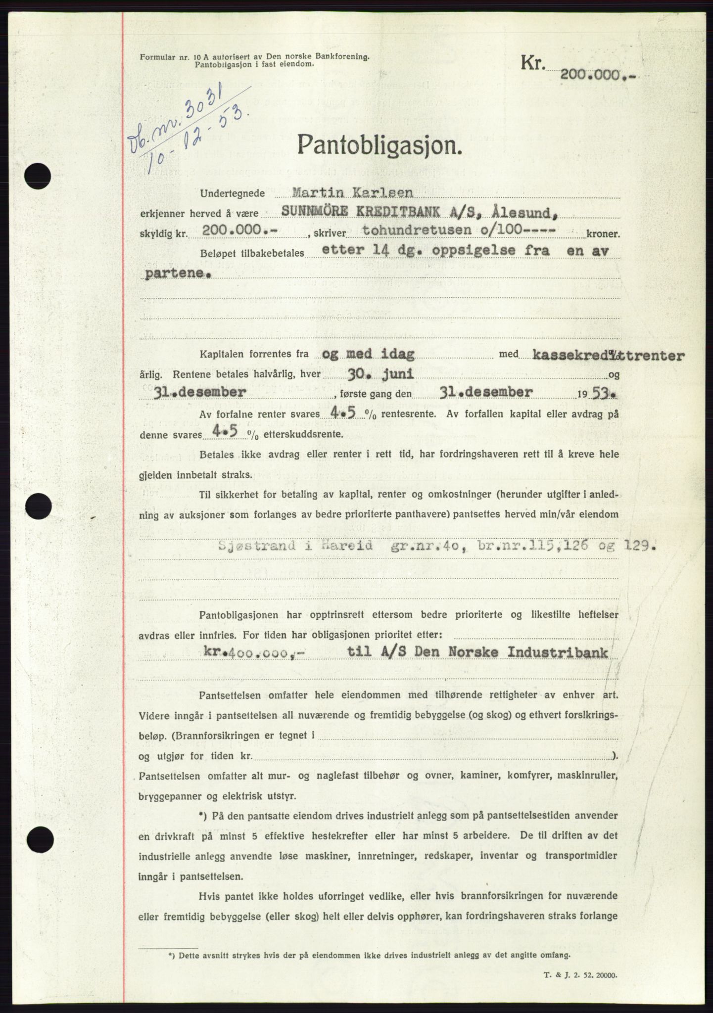 Søre Sunnmøre sorenskriveri, AV/SAT-A-4122/1/2/2C/L0124: Pantebok nr. 12B, 1953-1954, Dagboknr: 3031/1953