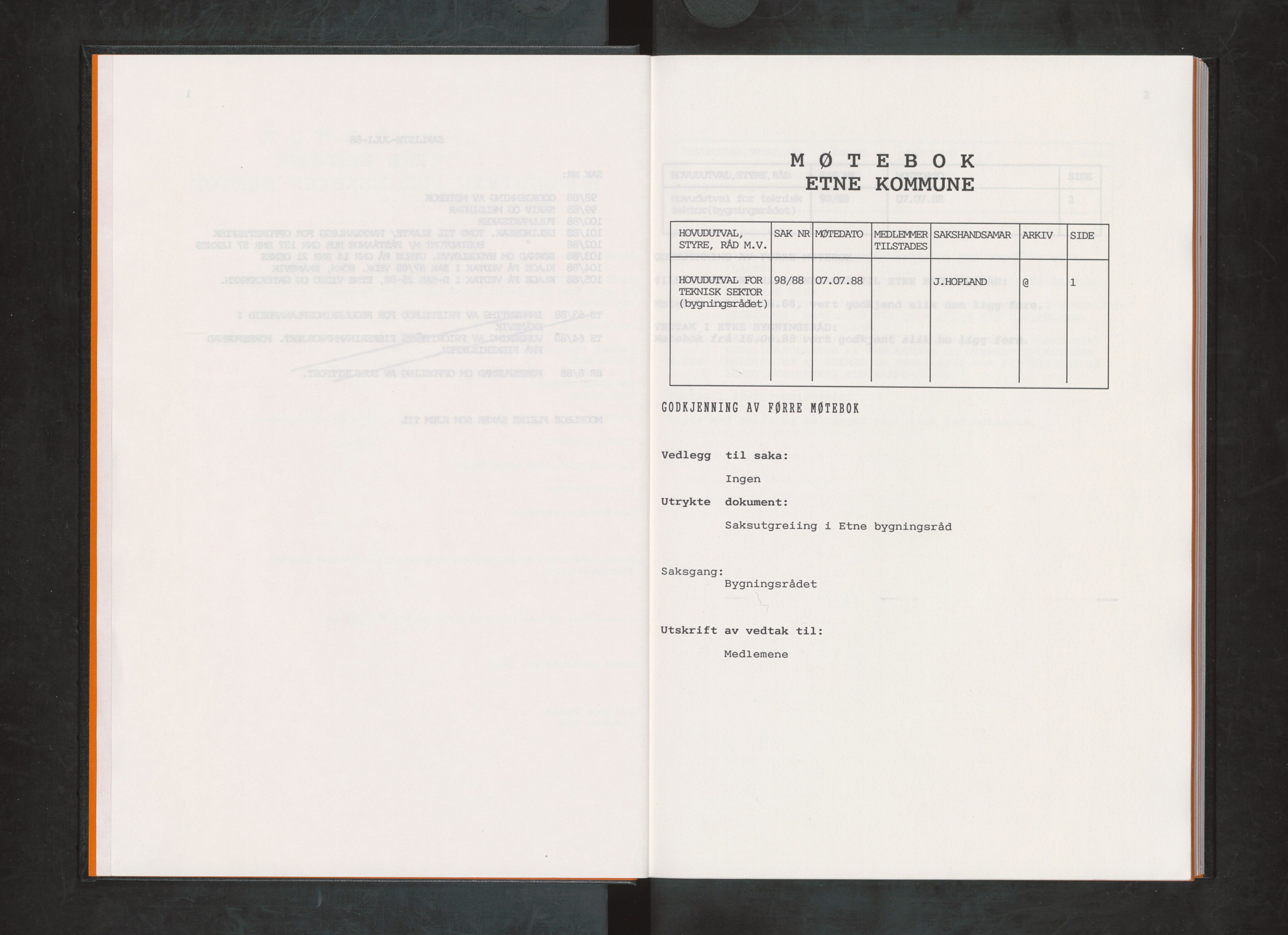 Etne kommune. Bygningsrådet, IKAH/1211-511/A/Aa/L0040: Møtebok Etne bygningsråd II, 1988
