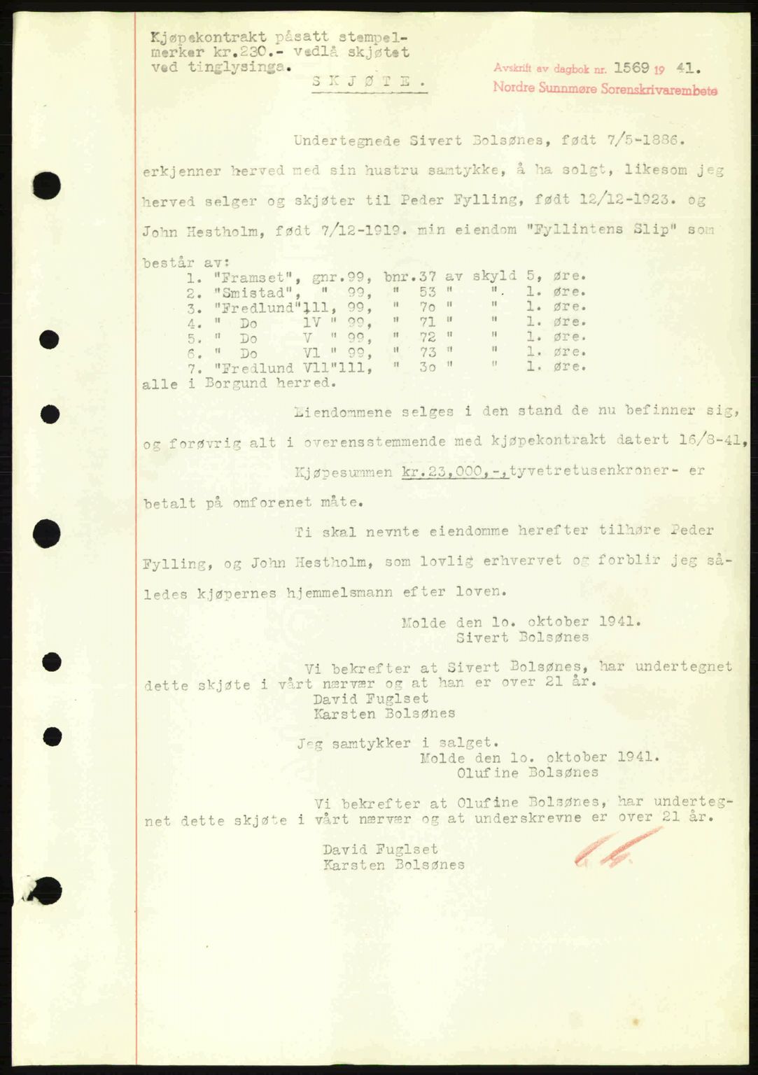 Nordre Sunnmøre sorenskriveri, AV/SAT-A-0006/1/2/2C/2Ca: Pantebok nr. A12, 1941-1942, Dagboknr: 1569/1941