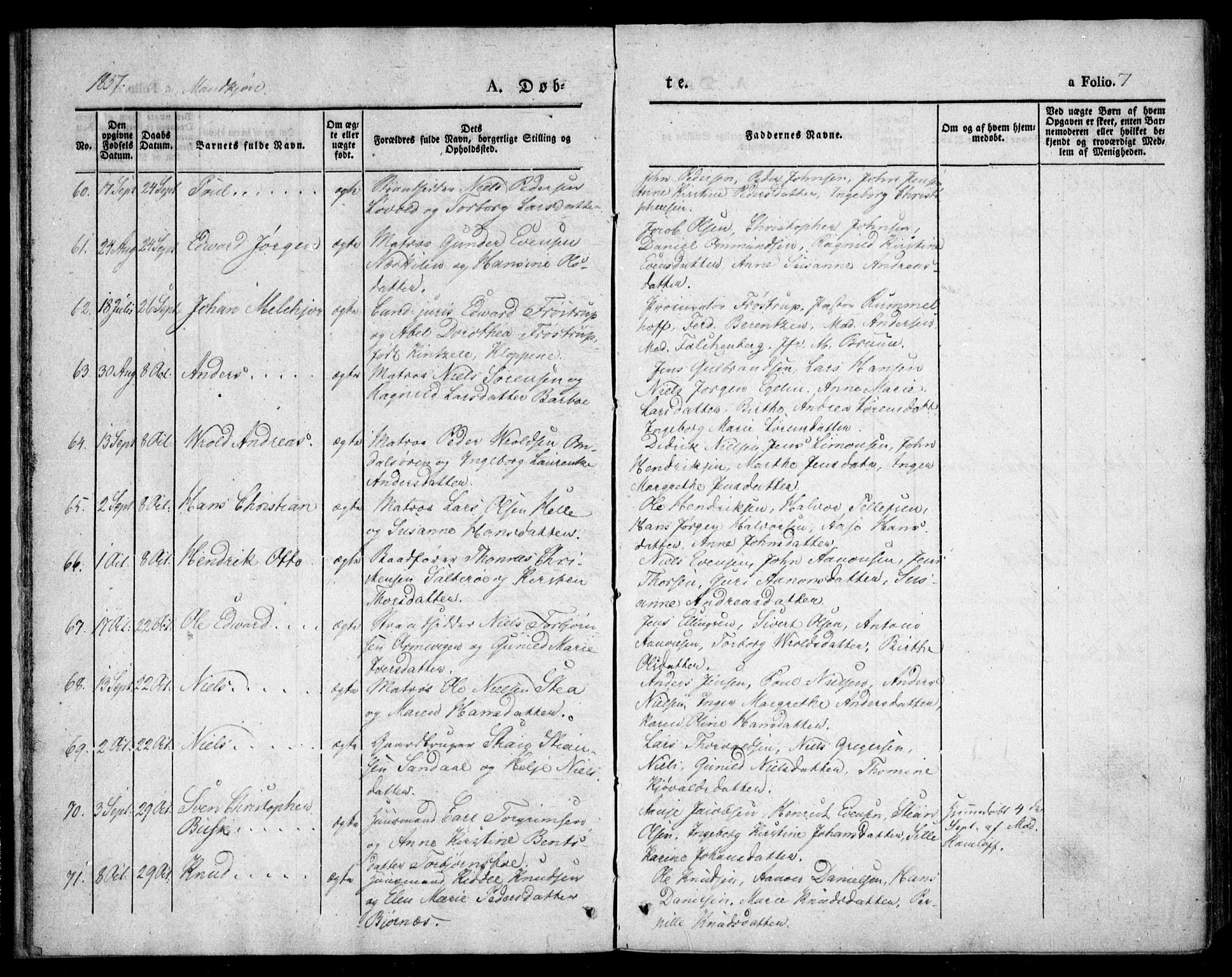 Tromøy sokneprestkontor, AV/SAK-1111-0041/F/Fa/L0004: Ministerialbok nr. A 4, 1837-1846, s. 7