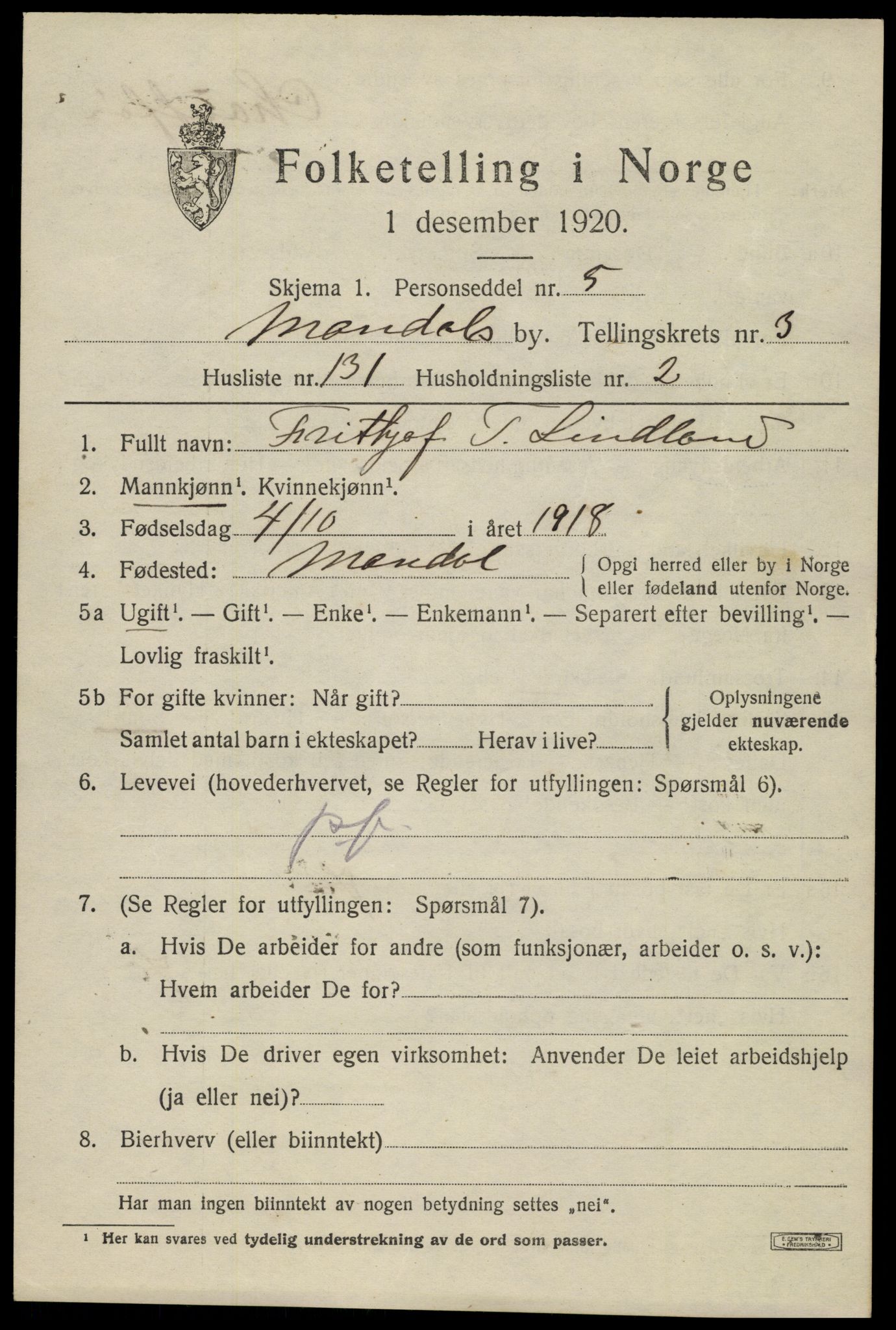 SAK, Folketelling 1920 for 1002 Mandal ladested, 1920, s. 6975