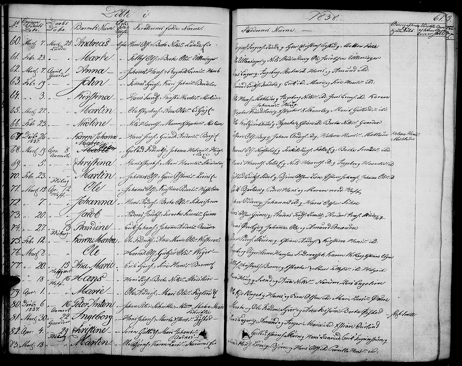 Land prestekontor, AV/SAH-PREST-120/H/Ha/Haa/L0008: Ministerialbok nr. 8, 1830-1846, s. 61