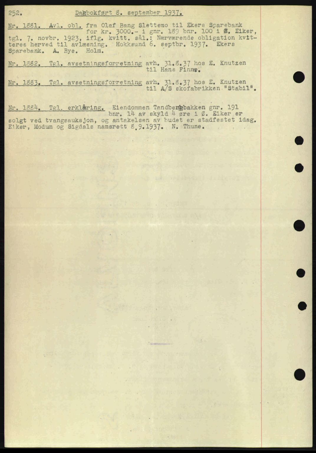 Eiker, Modum og Sigdal sorenskriveri, SAKO/A-123/G/Ga/Gab/L0036: Pantebok nr. A6, 1937-1937, Dagboknr: 1881/1937