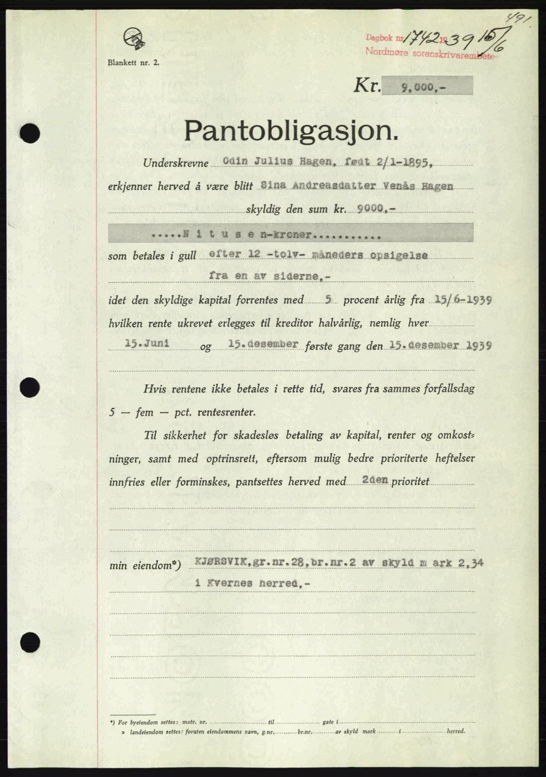 Nordmøre sorenskriveri, AV/SAT-A-4132/1/2/2Ca: Pantebok nr. B85, 1939-1939, Dagboknr: 1742/1939