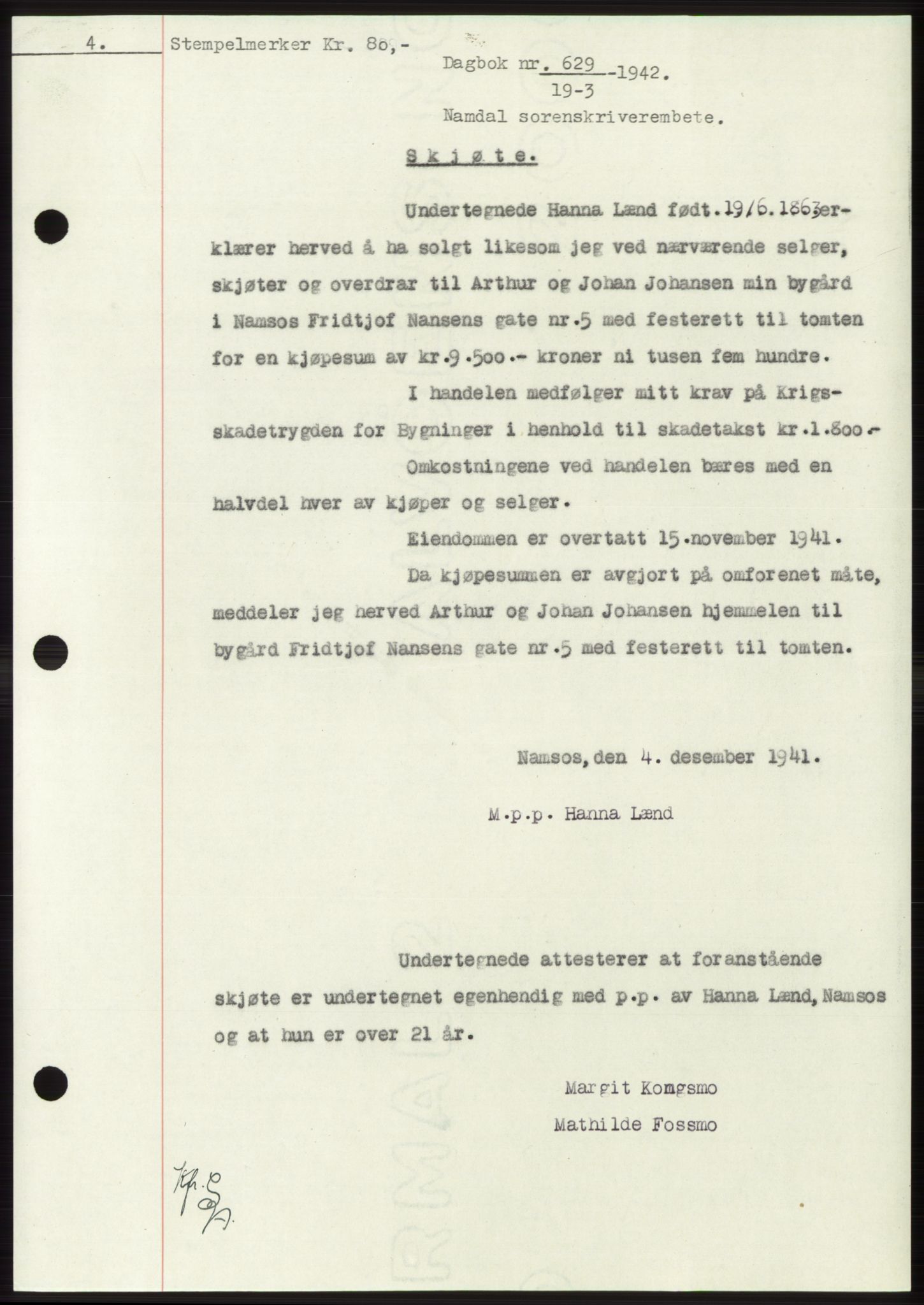 Namdal sorenskriveri, SAT/A-4133/1/2/2C: Pantebok nr. -, 1941-1942, Dagboknr: 629/1942