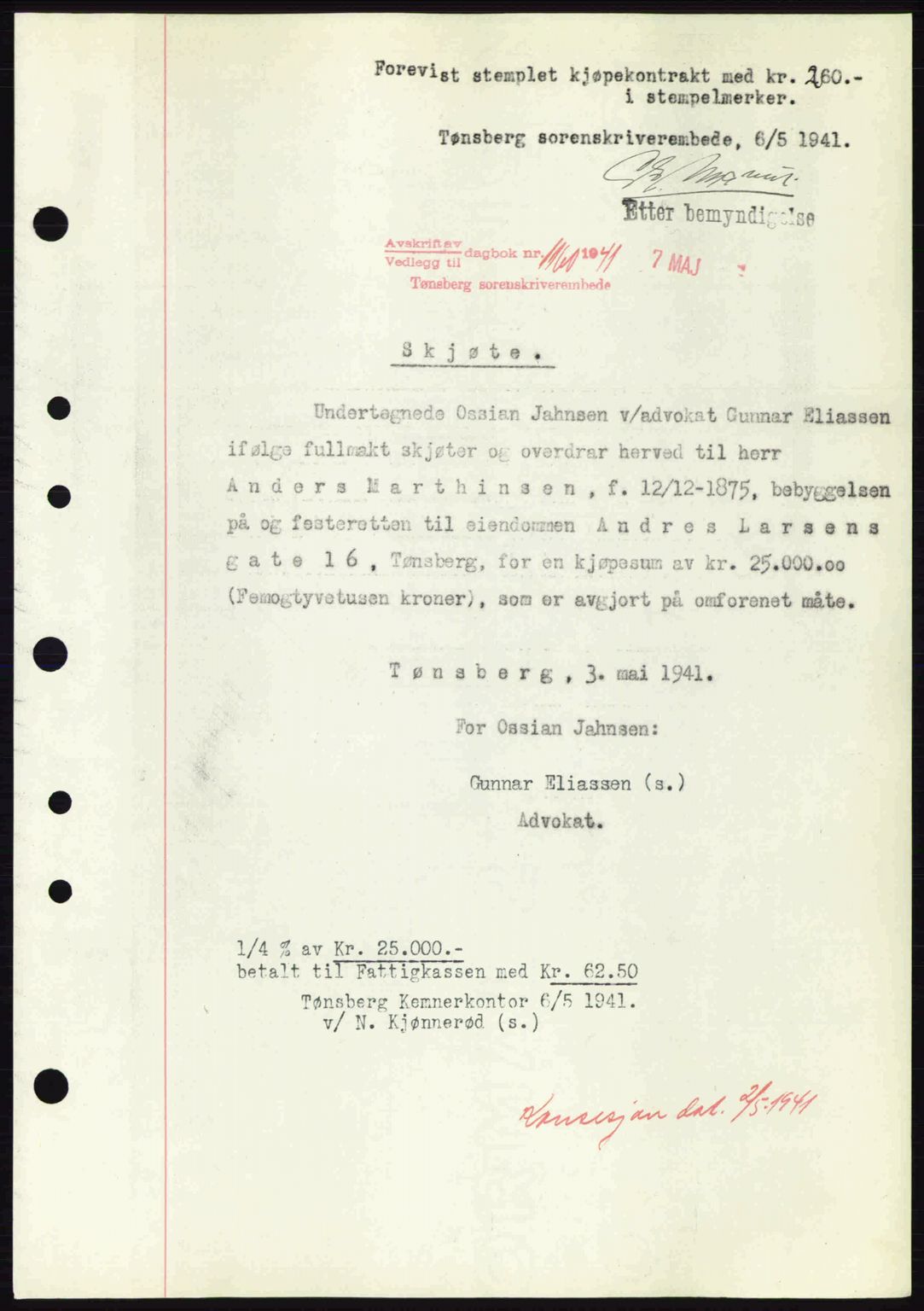 Tønsberg sorenskriveri, AV/SAKO-A-130/G/Ga/Gaa/L0010: Pantebok nr. A10, 1941-1941, Dagboknr: 1160/1941