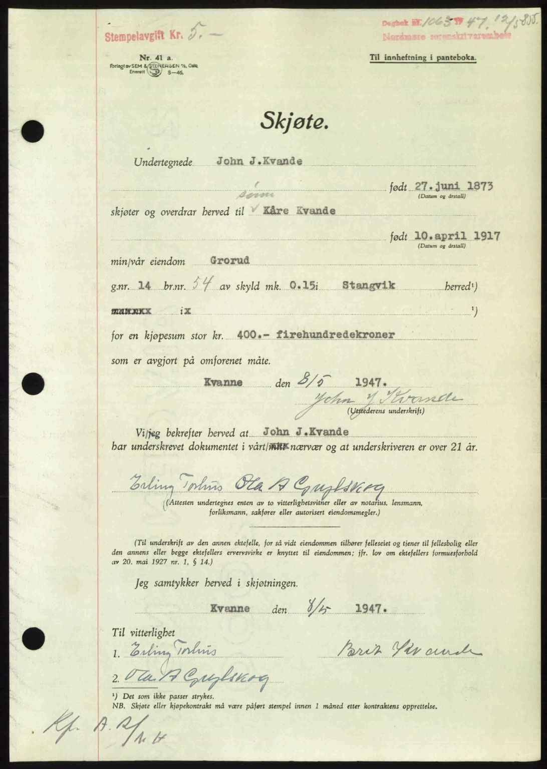 Nordmøre sorenskriveri, AV/SAT-A-4132/1/2/2Ca: Pantebok nr. A104, 1947-1947, Dagboknr: 1063/1947