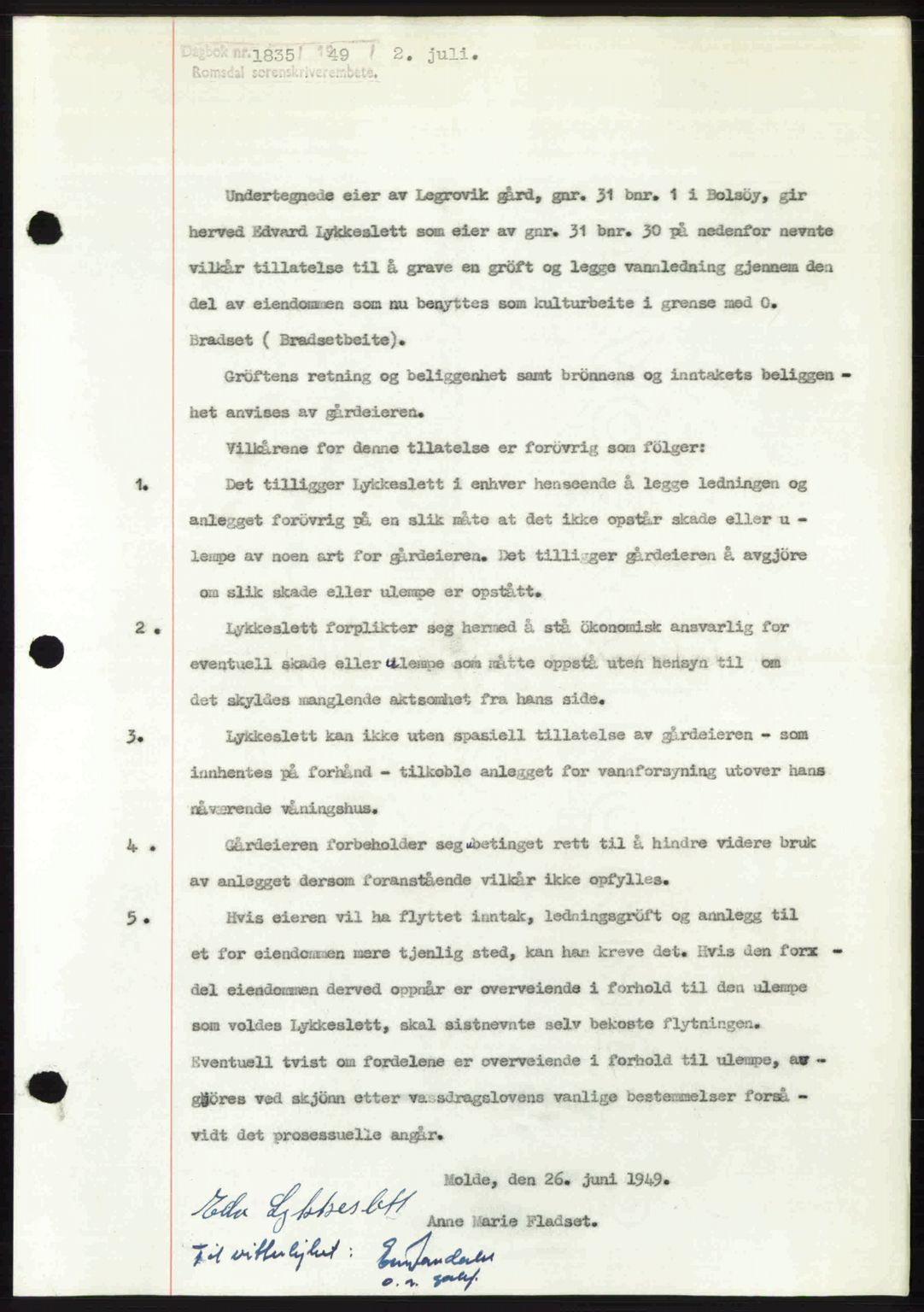 Romsdal sorenskriveri, SAT/A-4149/1/2/2C: Pantebok nr. A30, 1949-1949, Dagboknr: 1835/1949