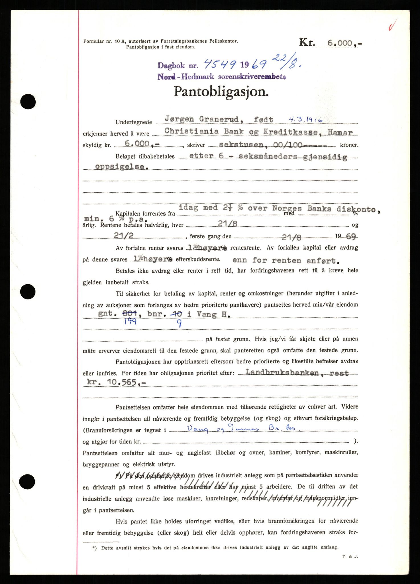 Nord-Hedmark sorenskriveri, SAH/TING-012/H/Hb/Hbf/L0081: Pantebok nr. B81, 1969-1969, Dagboknr: 4549/1969