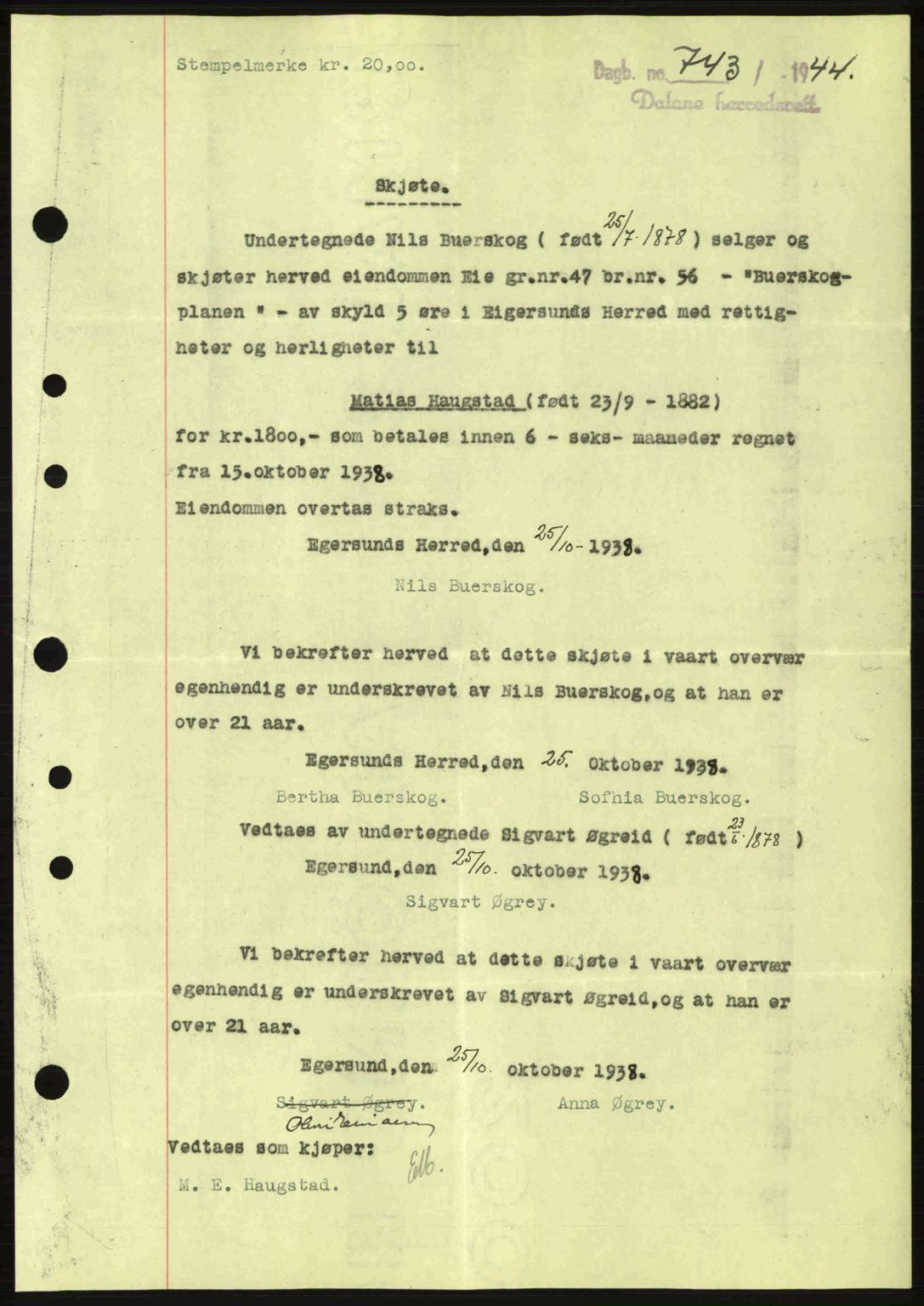 Dalane sorenskriveri, SAST/A-100309/02/G/Gb/L0047: Pantebok nr. A8 I, 1944-1945, Dagboknr: 743/1944