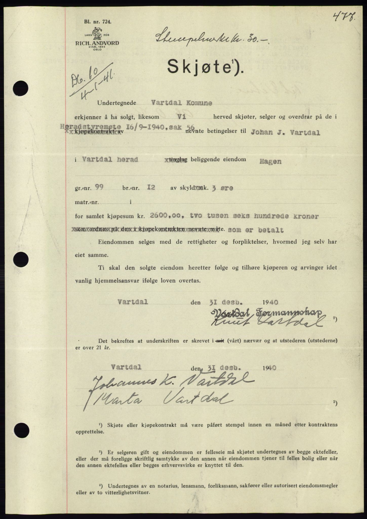 Søre Sunnmøre sorenskriveri, AV/SAT-A-4122/1/2/2C/L0070: Pantebok nr. 64, 1940-1941, Dagboknr: 10/1941