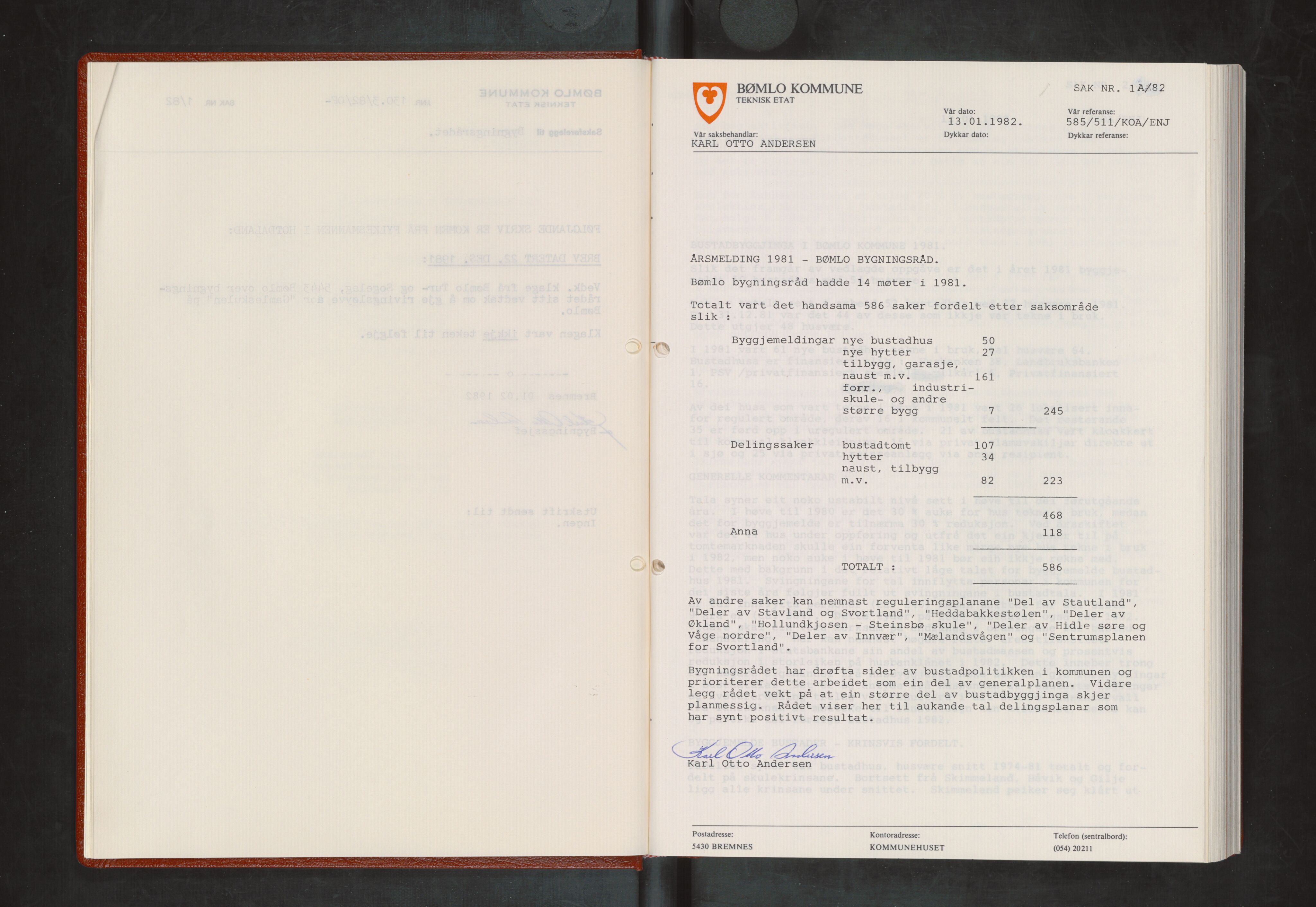 Bømlo kommune. Bygningsrådet , IKAH/1219-511/A/Aa/L0029: Møtebok for Bømlo bygningsråd, 1982