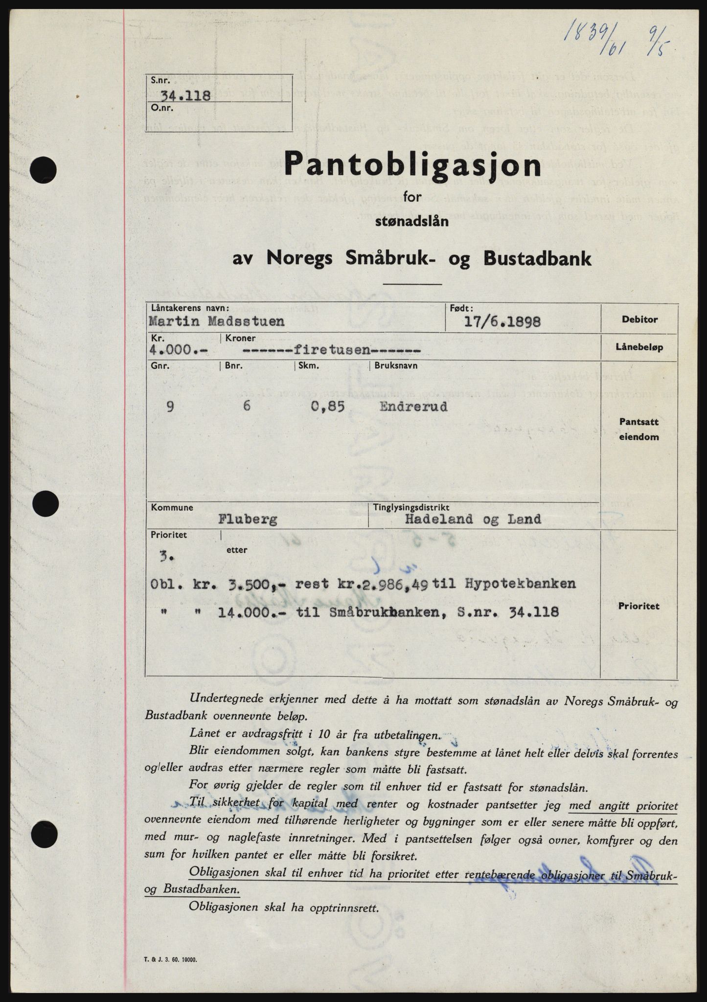 Hadeland og Land tingrett, SAH/TING-010/H/Hb/Hbc/L0045: Pantebok nr. B45, 1961-1961, Dagboknr: 1839/1961