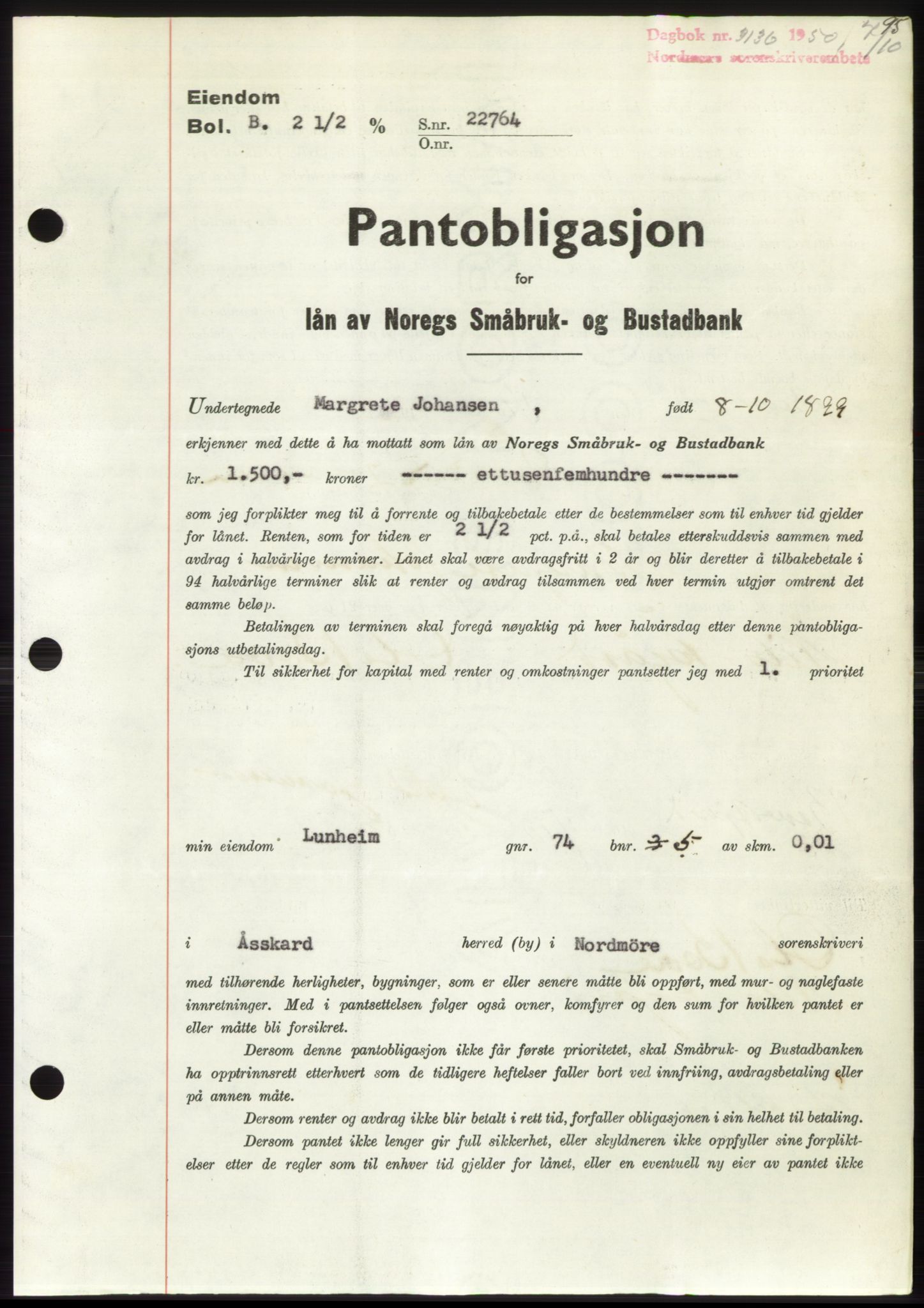 Nordmøre sorenskriveri, SAT/A-4132/1/2/2Ca: Pantebok nr. B106, 1950-1950, Dagboknr: 3136/1950