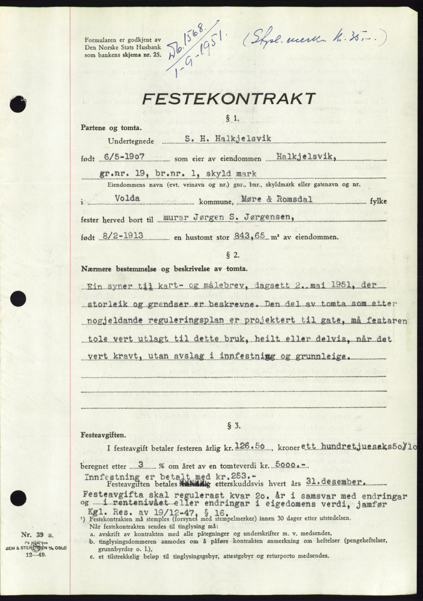 Søre Sunnmøre sorenskriveri, SAT/A-4122/1/2/2C/L0089: Pantebok nr. 15A, 1951-1951, Dagboknr: 1568/1951