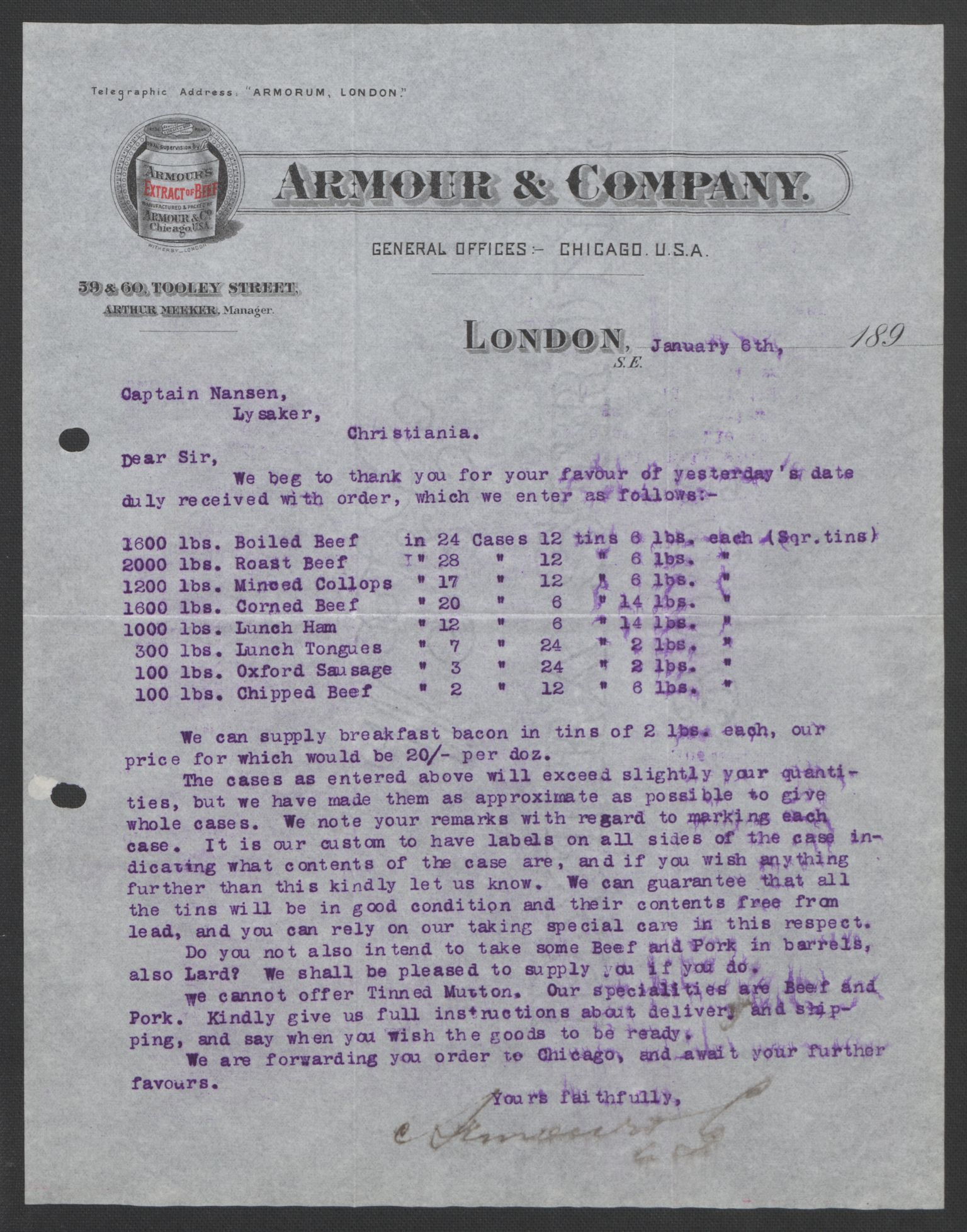 Arbeidskomitéen for Fridtjof Nansens polarekspedisjon, AV/RA-PA-0061/D/L0004: Innk. brev og telegrammer vedr. proviant og utrustning, 1892-1893, s. 24