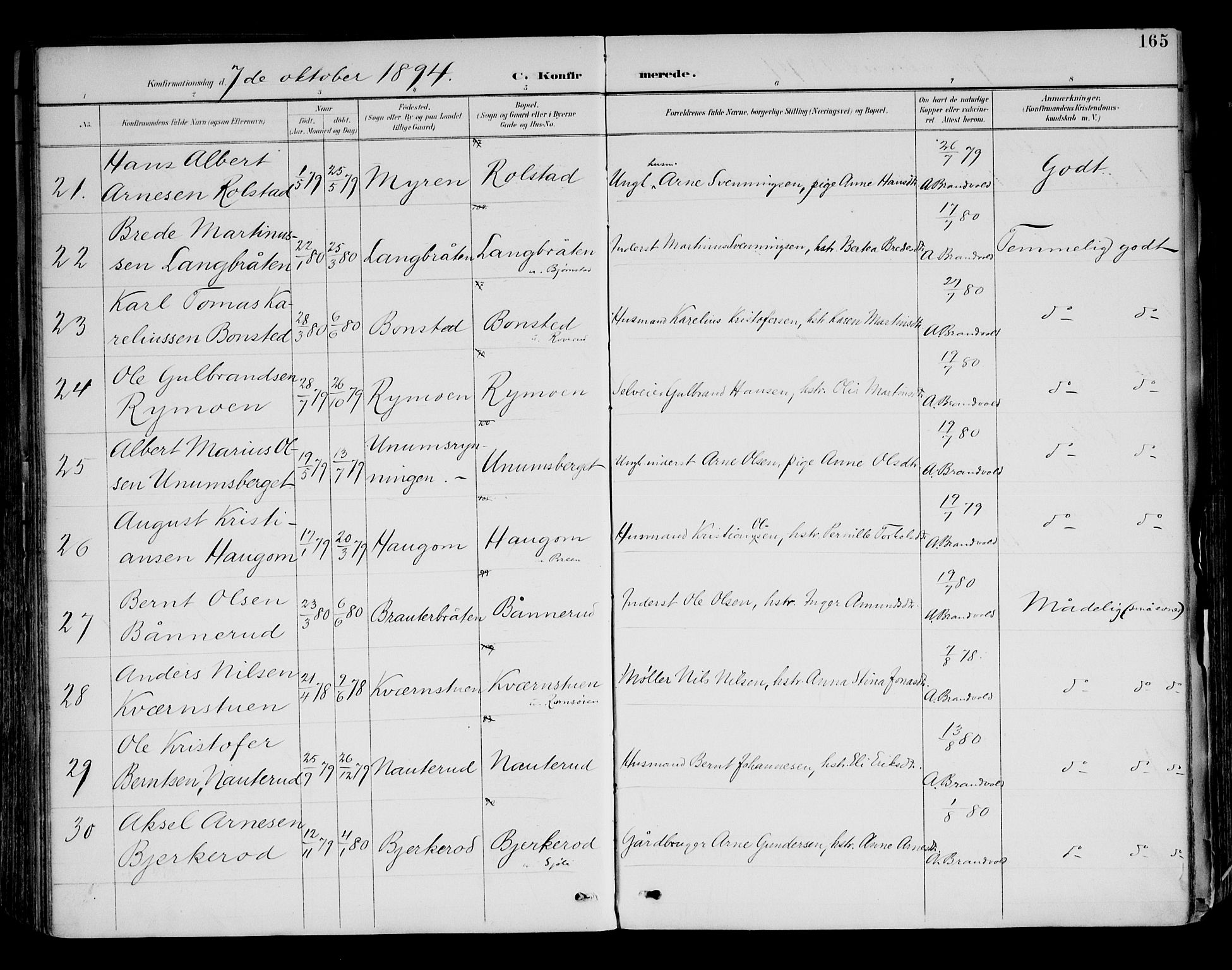 Brandval prestekontor, AV/SAH-PREST-034/H/Ha/Haa/L0003: Ministerialbok nr. 3, 1894-1909, s. 165