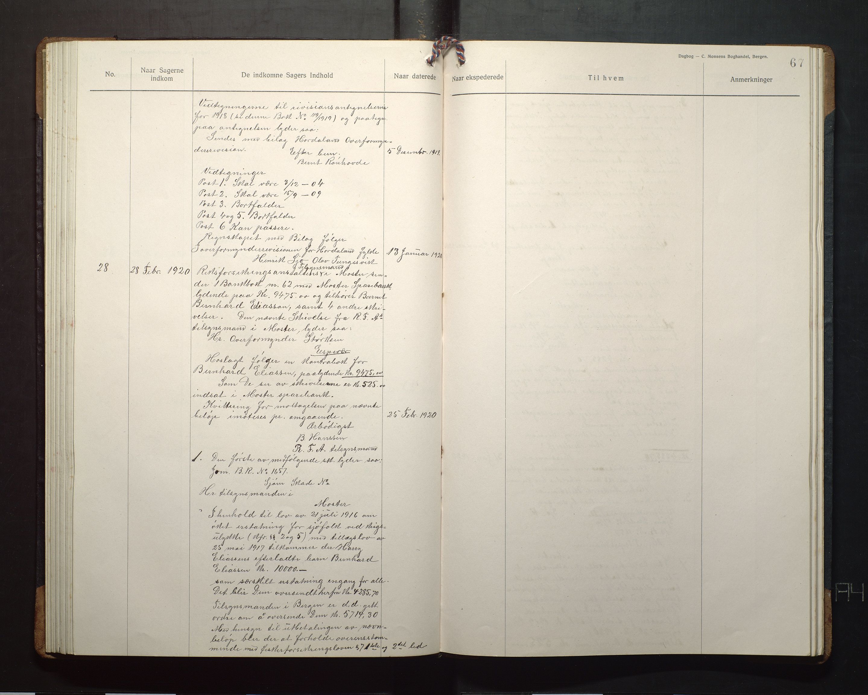 Finnaas kommune. Overformynderiet, IKAH/1218a-812/C/Ca/Caa/L0008: Postjournal for Finnås overformynderi, 1918-1920, s. 67