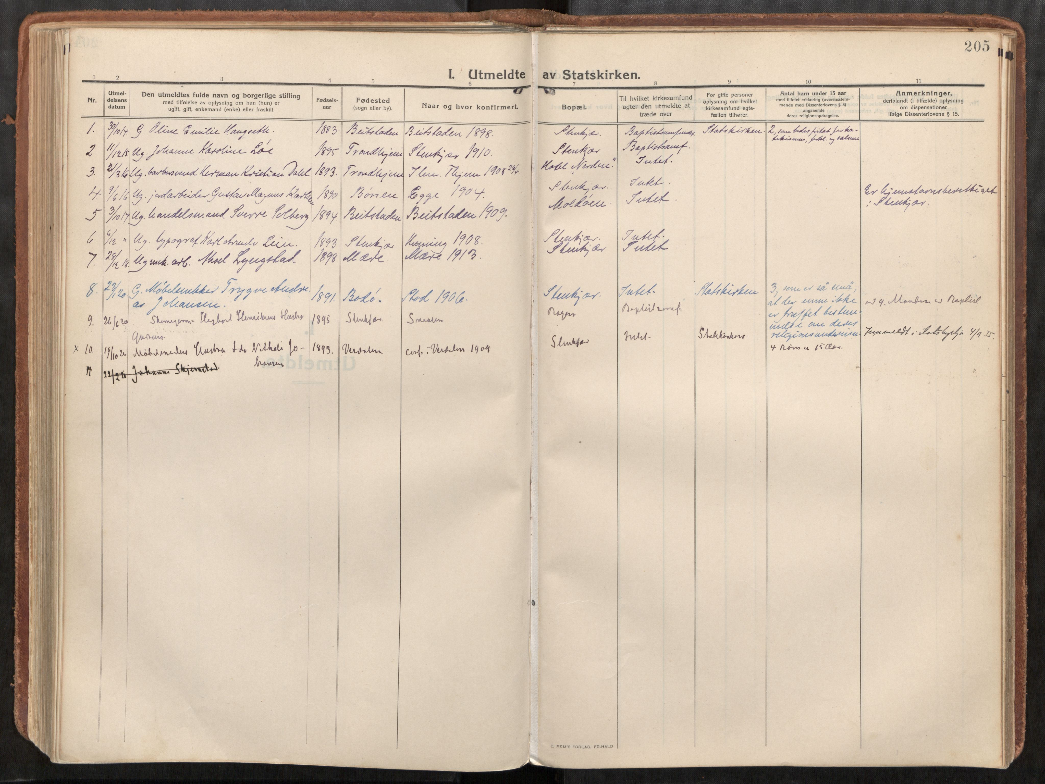 Steinkjer sokneprestkontor, AV/SAT-A-1541/01/H/Ha/Haa/L0003: Ministerialbok nr. 3, 1913-1922, s. 205