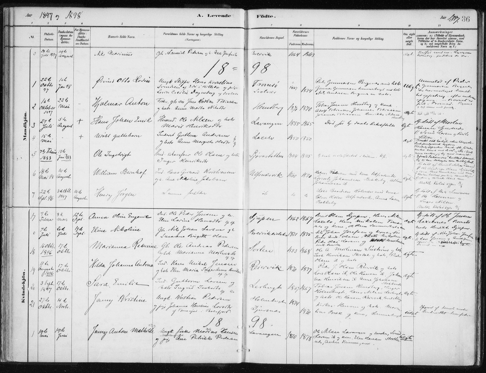 Lyngen sokneprestembete, AV/SATØ-S-1289/H/He/Hea/L0010kirke: Ministerialbok nr. 10, 1883-1904, s. 36