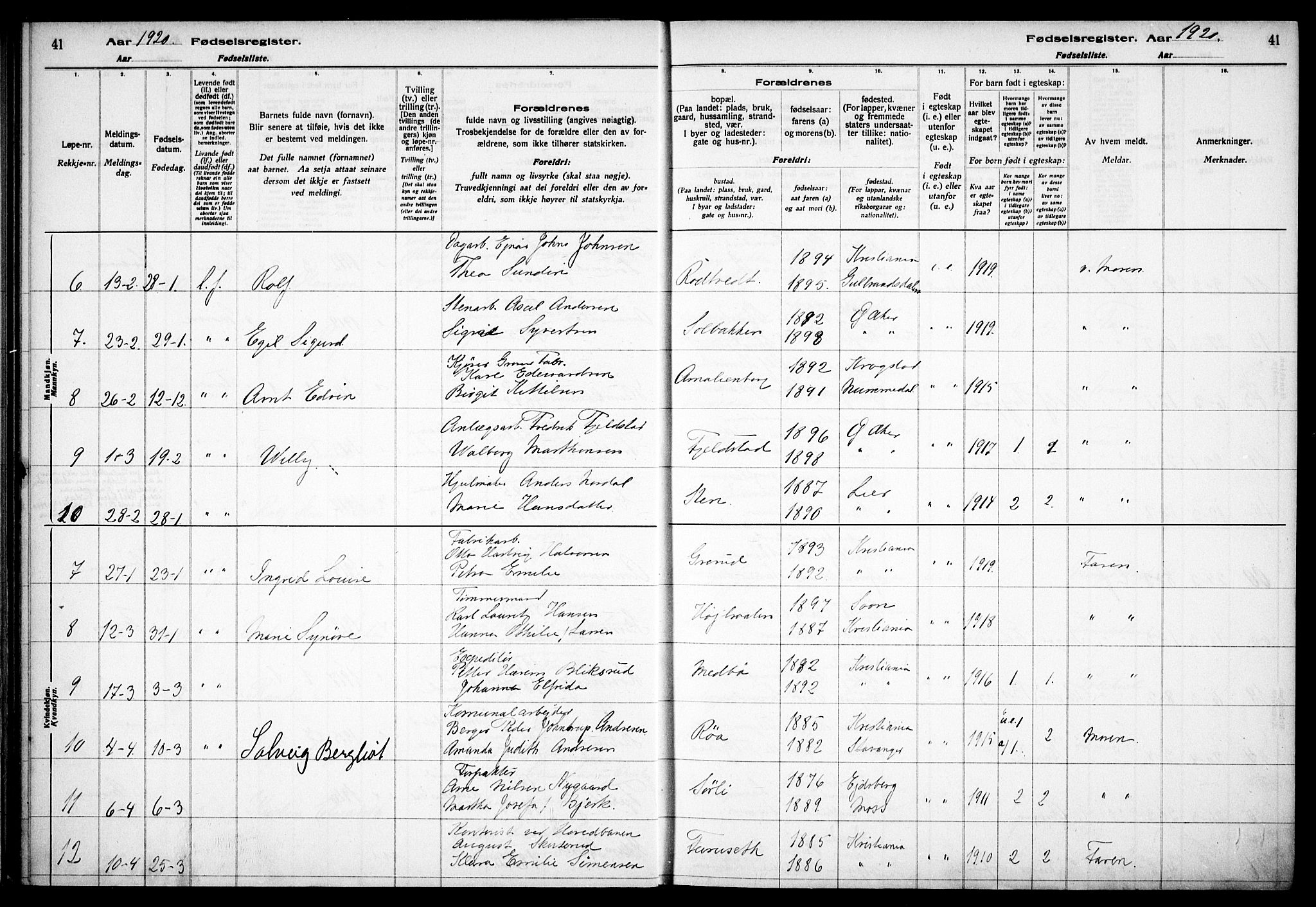 Østre Aker prestekontor Kirkebøker, AV/SAO-A-10840/J/Jb/L0001: Fødselsregister nr. II 1, 1916-1932, s. 41