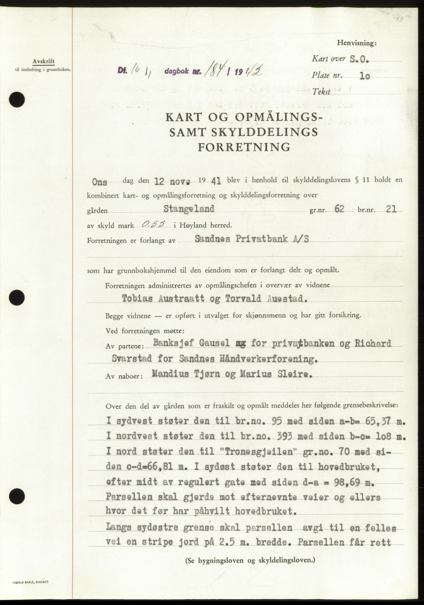 Jæren sorenskriveri, SAST/A-100310/03/G/Gba/L0082: Pantebok, 1942-1942, Dagboknr: 184/1942