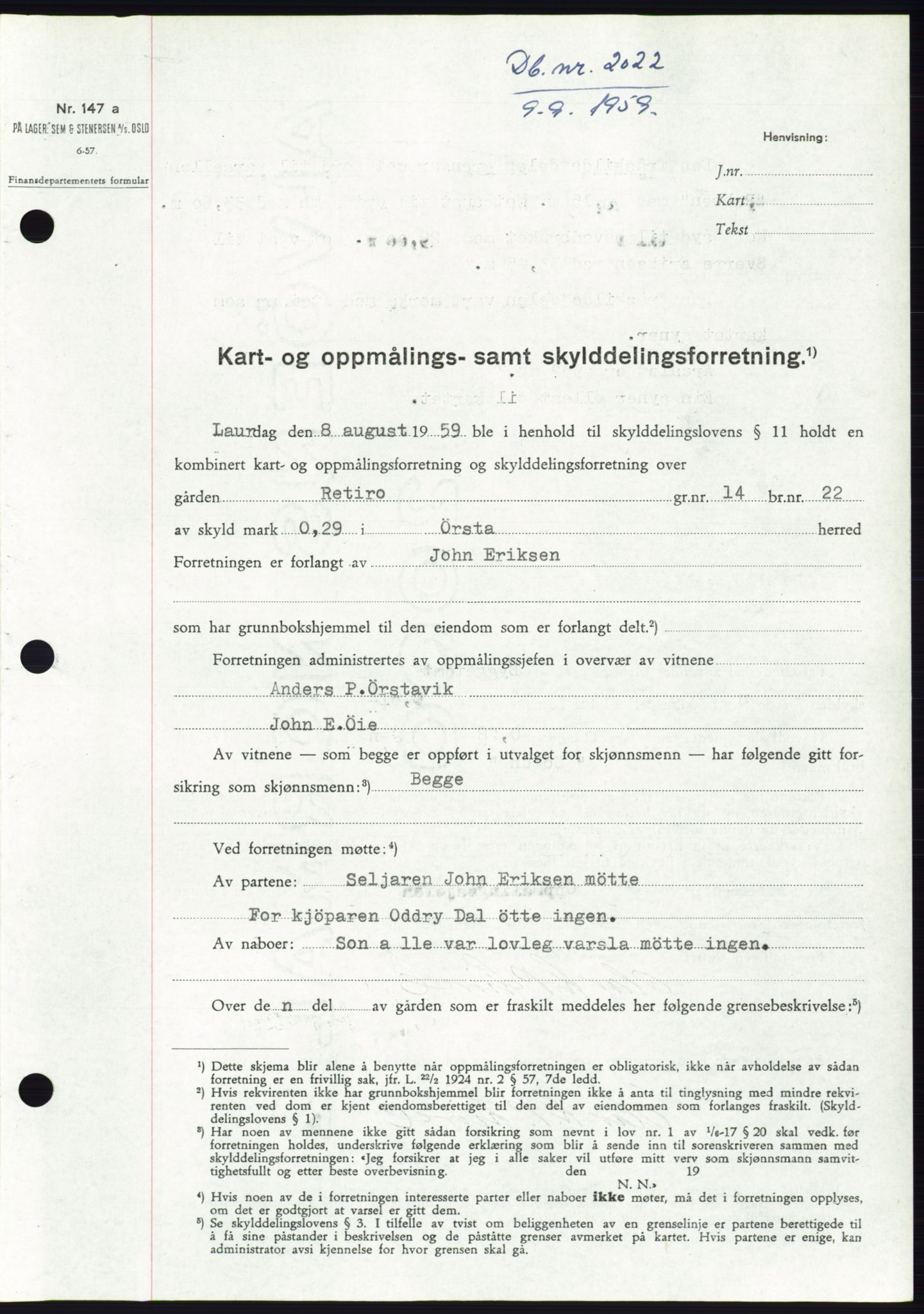 Søre Sunnmøre sorenskriveri, SAT/A-4122/1/2/2C/L0113: Pantebok nr. 39A, 1959-1959, Dagboknr: 2022/1959