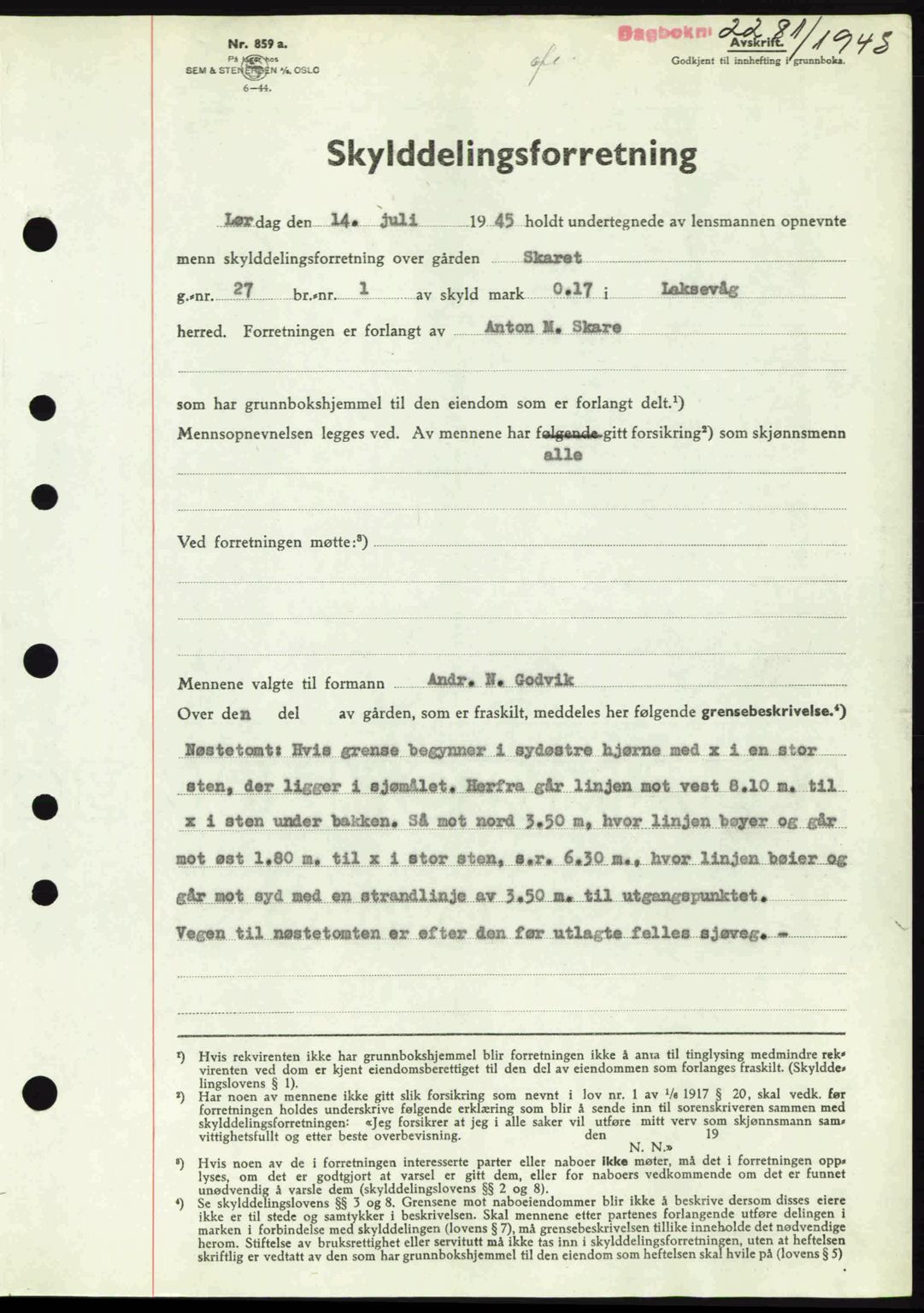 Midhordland sorenskriveri, SAB/A-3001/1/G/Gb/Gbk/L0008: Pantebok nr. A36-41, 1944-1945, Dagboknr: 2281/1945
