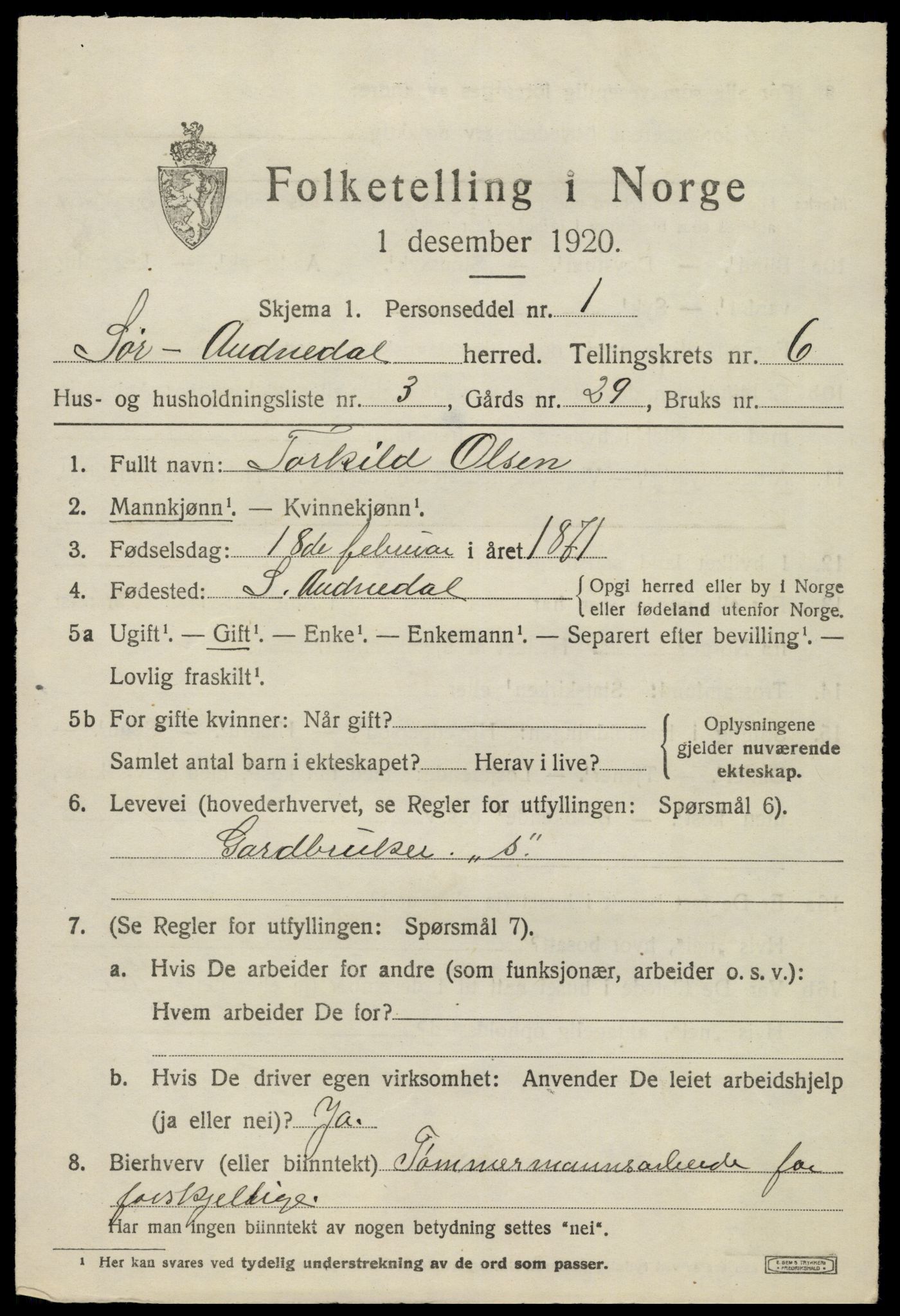 SAK, Folketelling 1920 for 1029 Sør-Audnedal herred, 1920, s. 2709