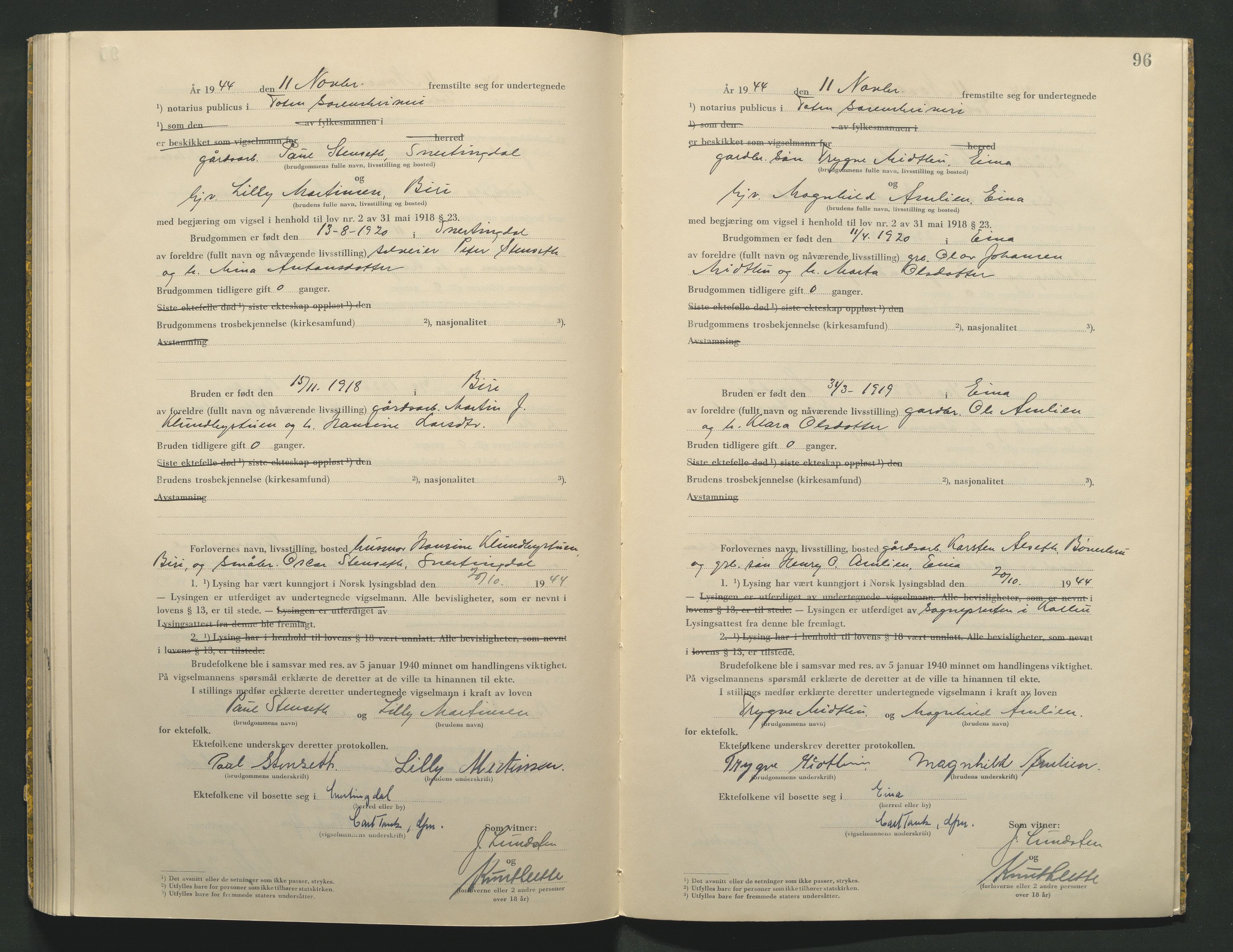 Toten tingrett, AV/SAH-TING-006/L/Lc/L0004: Vigselbok, 1944, s. 96