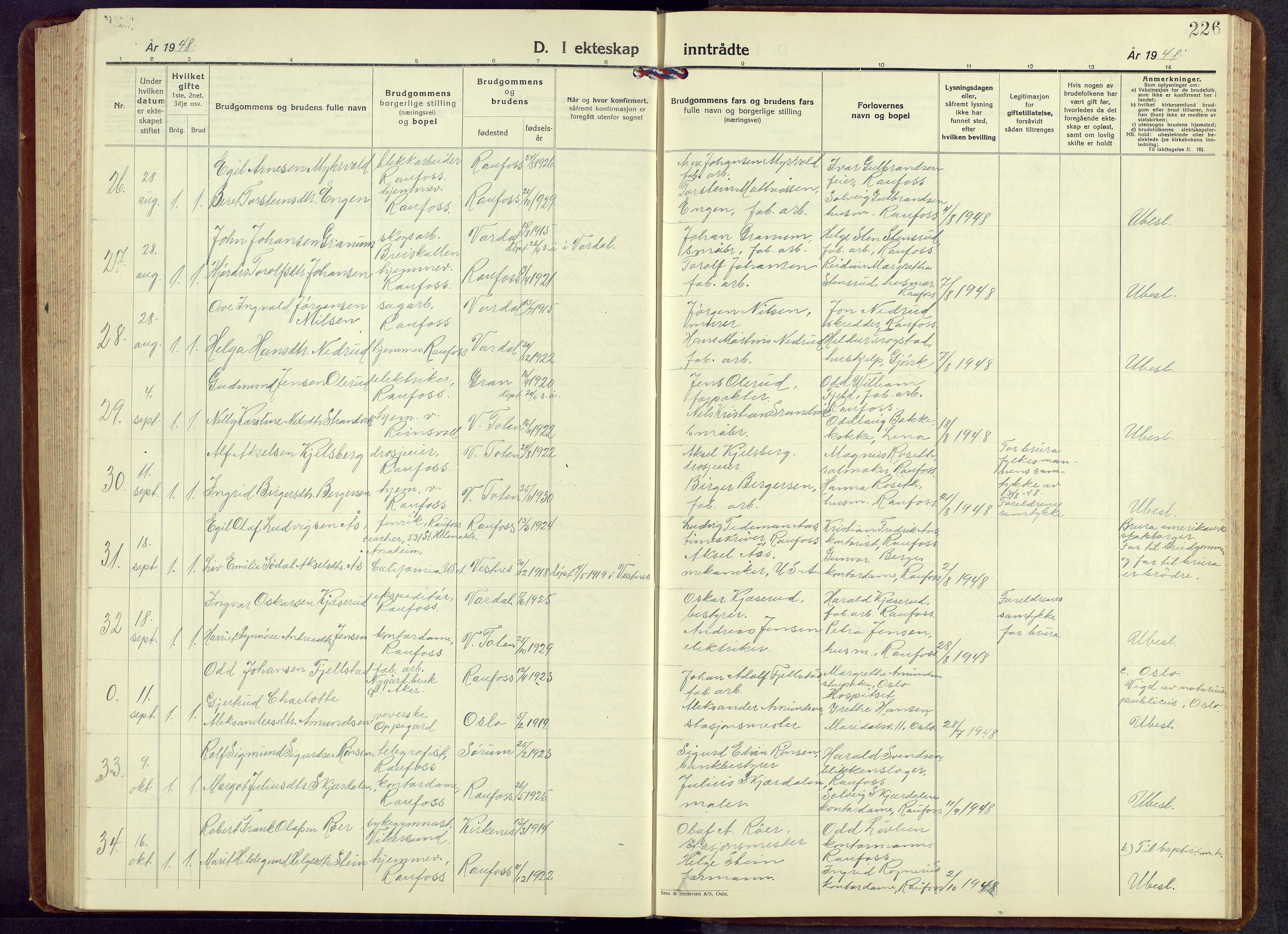 Vestre Toten prestekontor, AV/SAH-PREST-108/H/Ha/Hab/L0013: Klokkerbok nr. 13, 1940-1956, s. 226