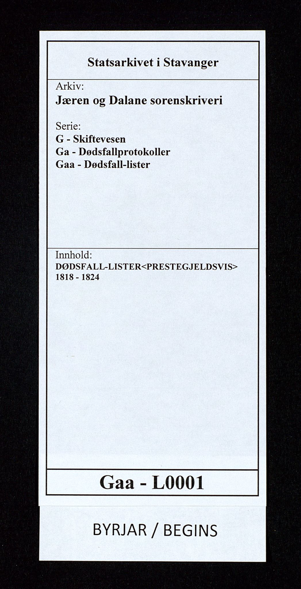 Jæren og Dalane sorenskriveri, SAST/A-100306/5/52AA/L0001: DØDSFALL-LISTER<PRESTEGJELDSVIS>, 1818-1824, s. 1