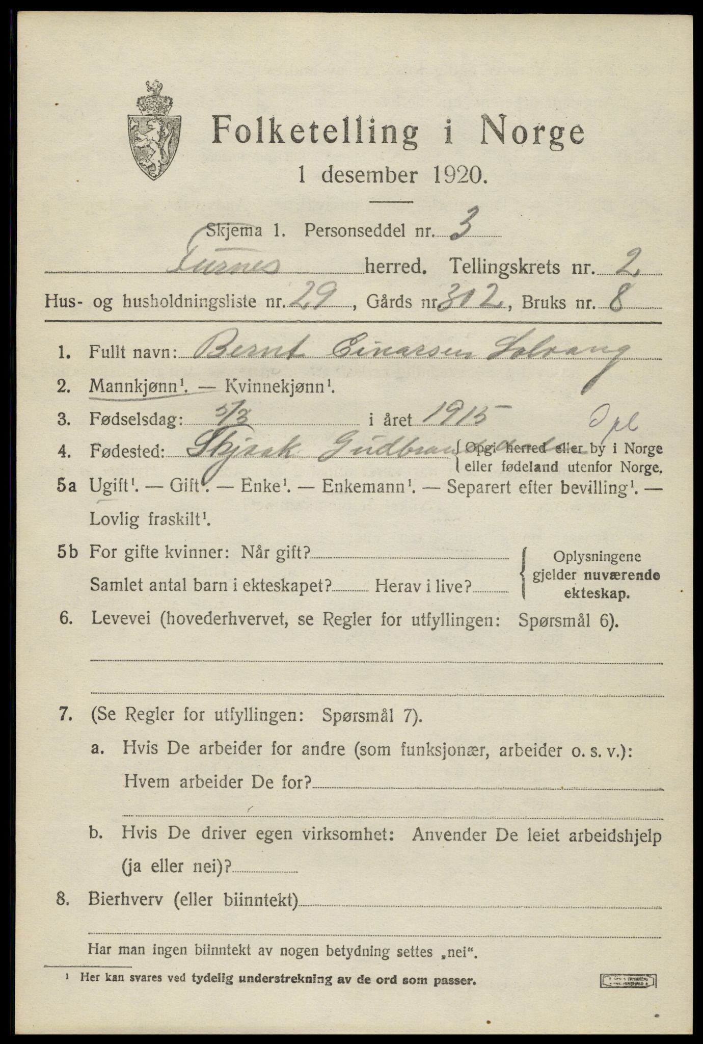 SAH, Folketelling 1920 for 0413 Furnes herred, 1920, s. 3395