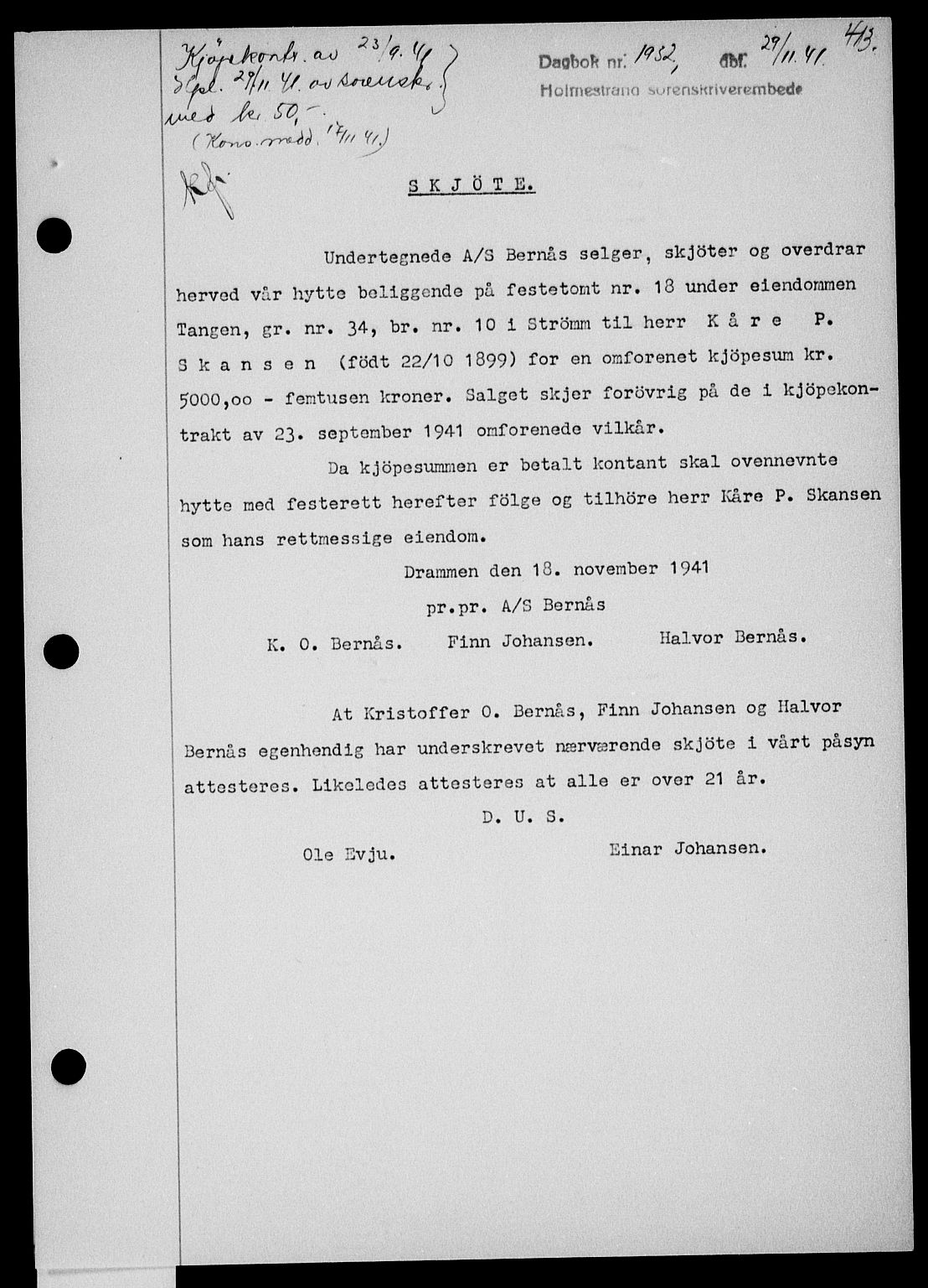 Holmestrand sorenskriveri, SAKO/A-67/G/Ga/Gaa/L0054: Pantebok nr. A-54, 1941-1942, Dagboknr: 1932/1941