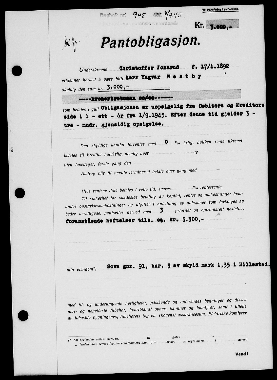 Holmestrand sorenskriveri, SAKO/A-67/G/Ga/Gab/L0055: Pantebok nr. B-55, 1945-1946, Dagboknr: 945/1945