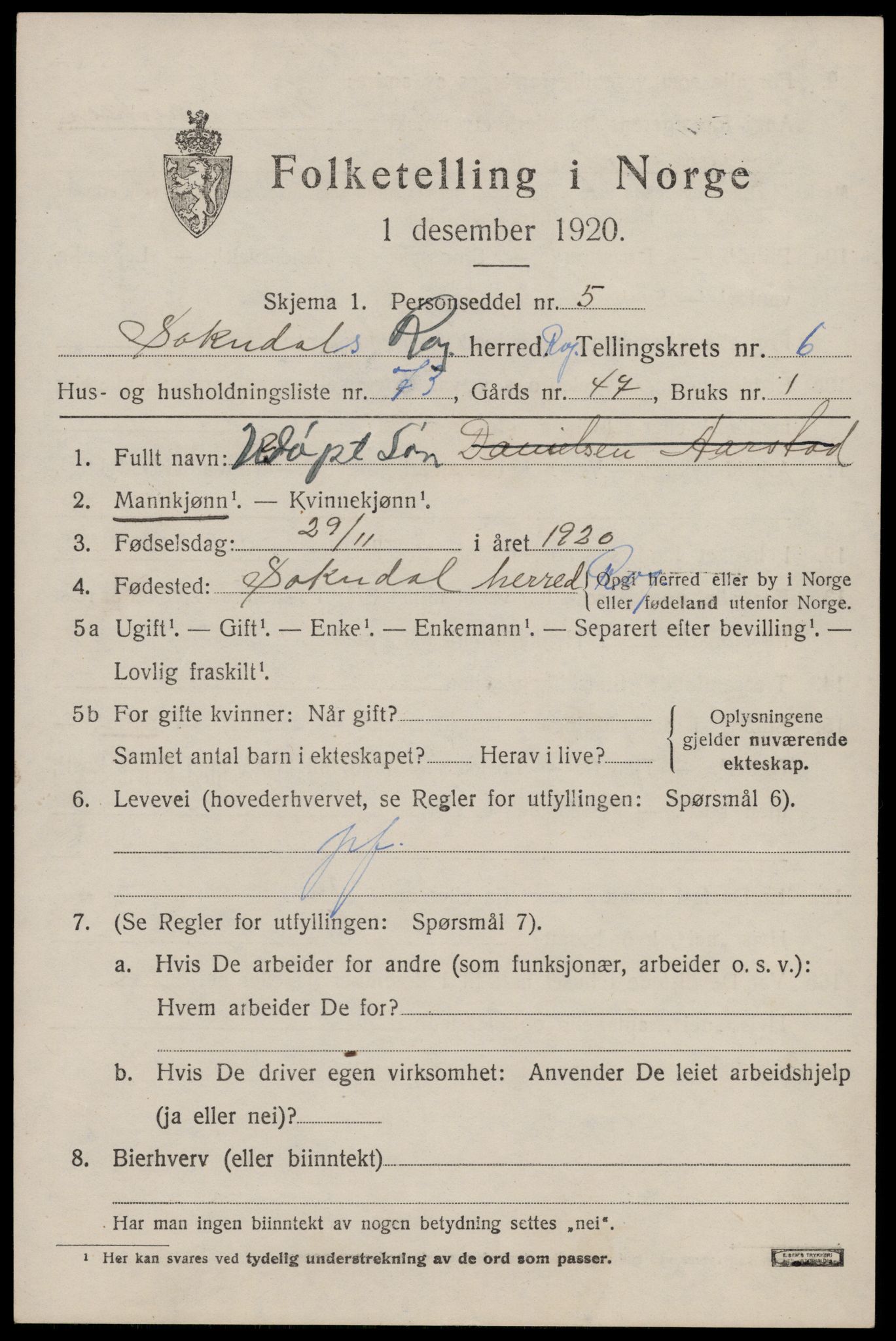 SAST, Folketelling 1920 for 1111 Sokndal herred, 1920, s. 4201